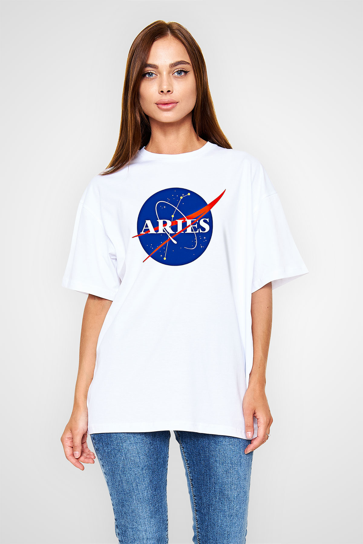 Koç Burcu Baskılı Beyaz Unisex Oversize Tişört - Tshirt