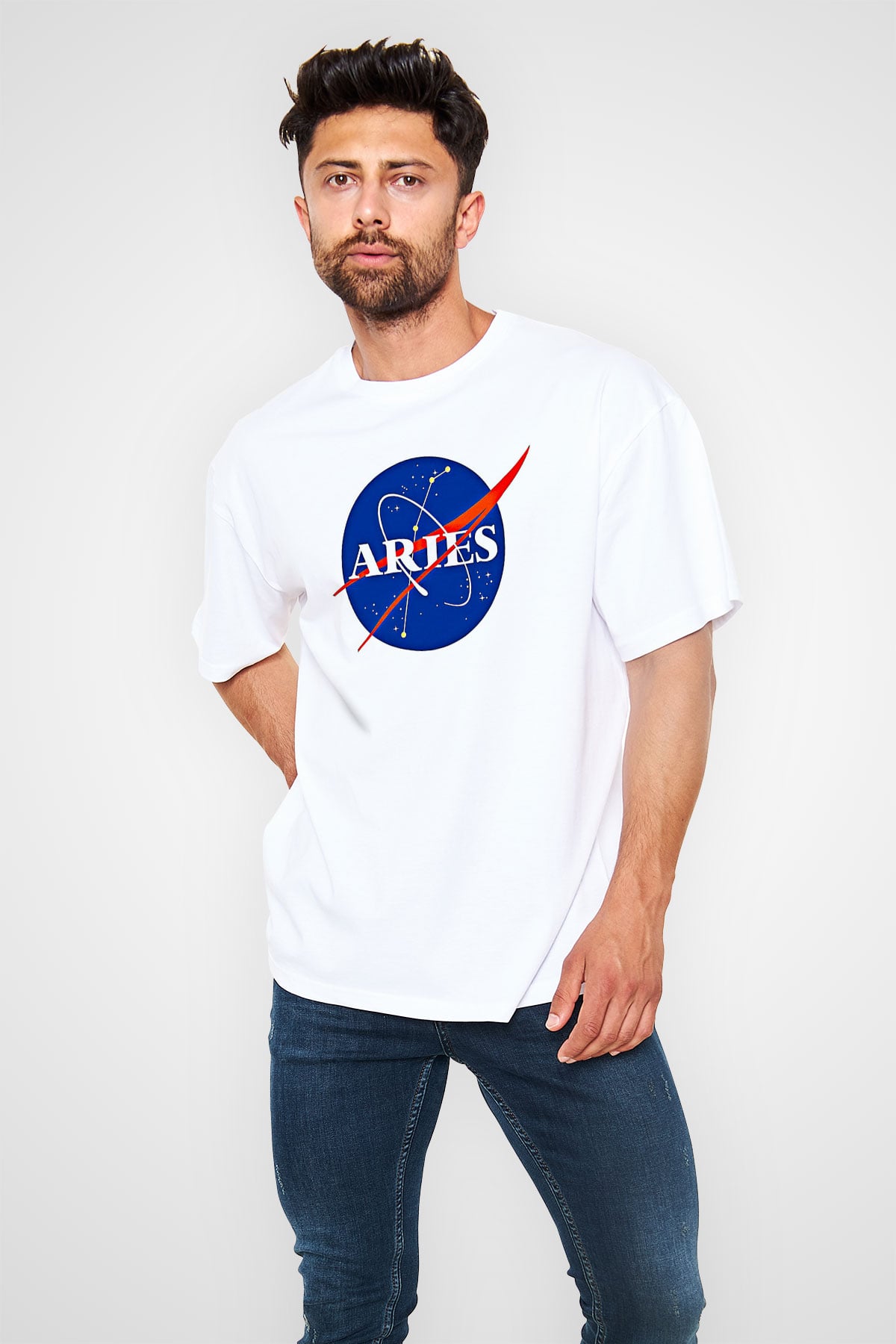 Koç Burcu Baskılı Beyaz Unisex Oversize Tişört - Tshirt