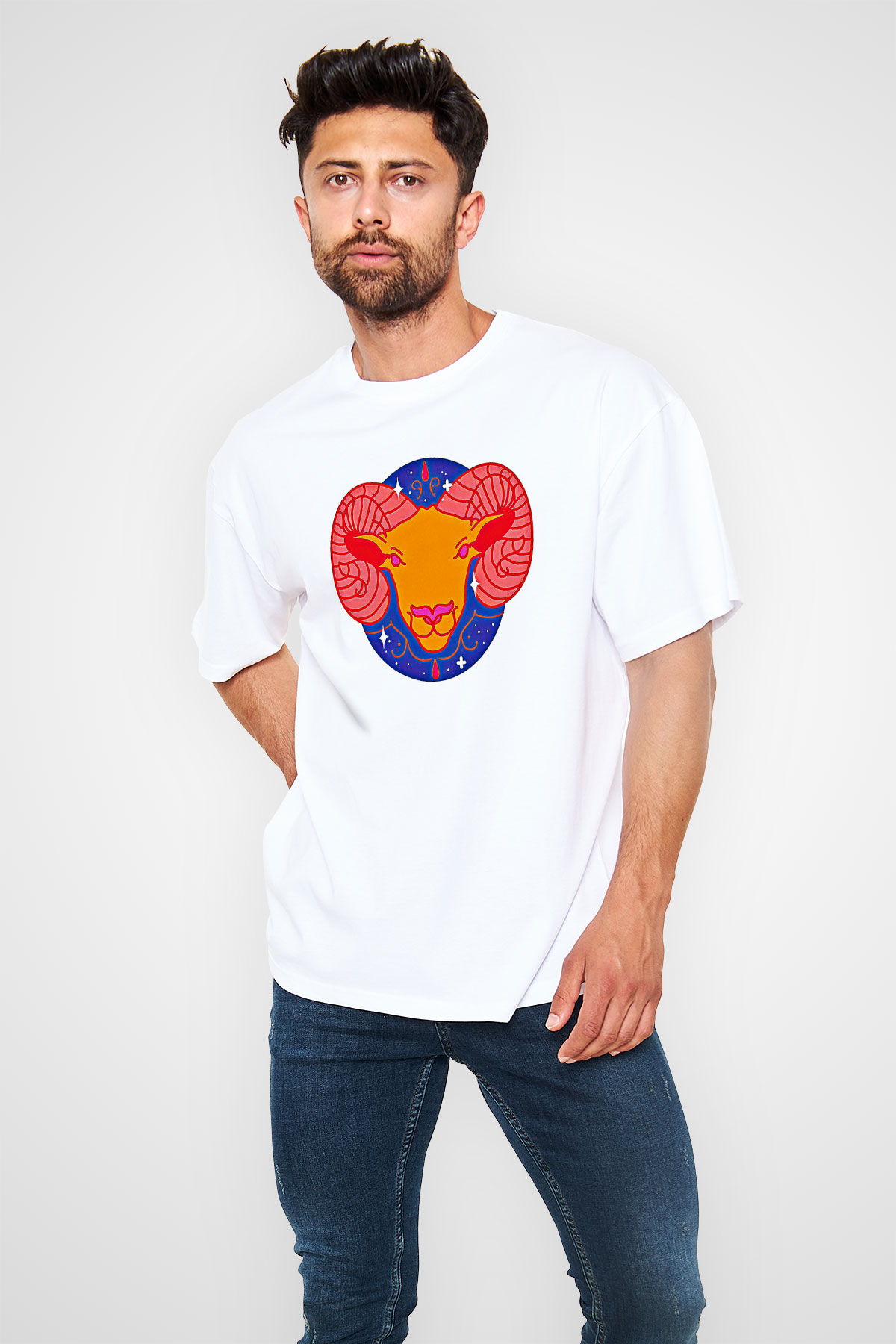 Koç Burcu Baskılı Beyaz Unisex Oversize Tişört - Tshirt