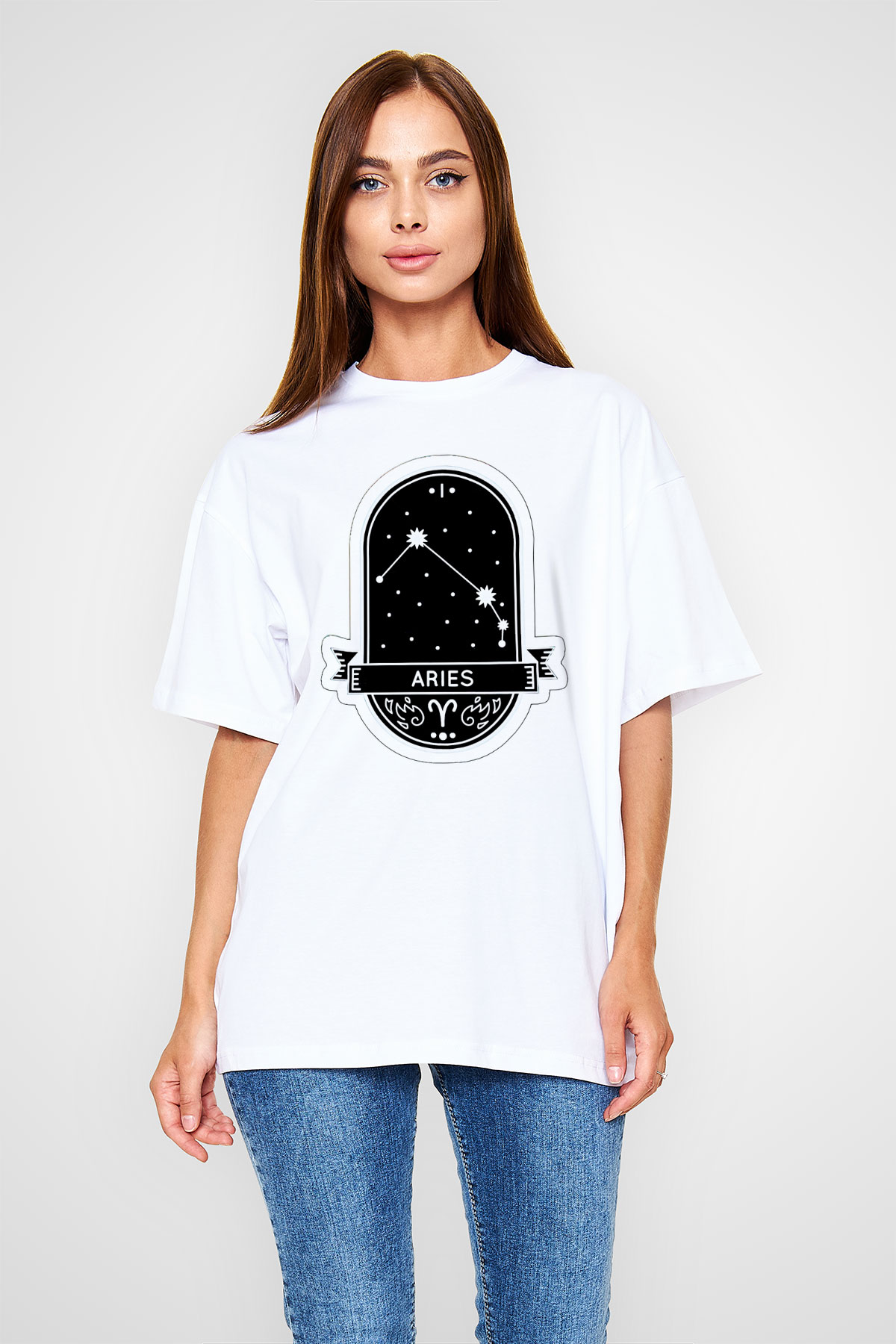 Koç Burcu Baskılı Beyaz Unisex Oversize Tişört - Tshirt