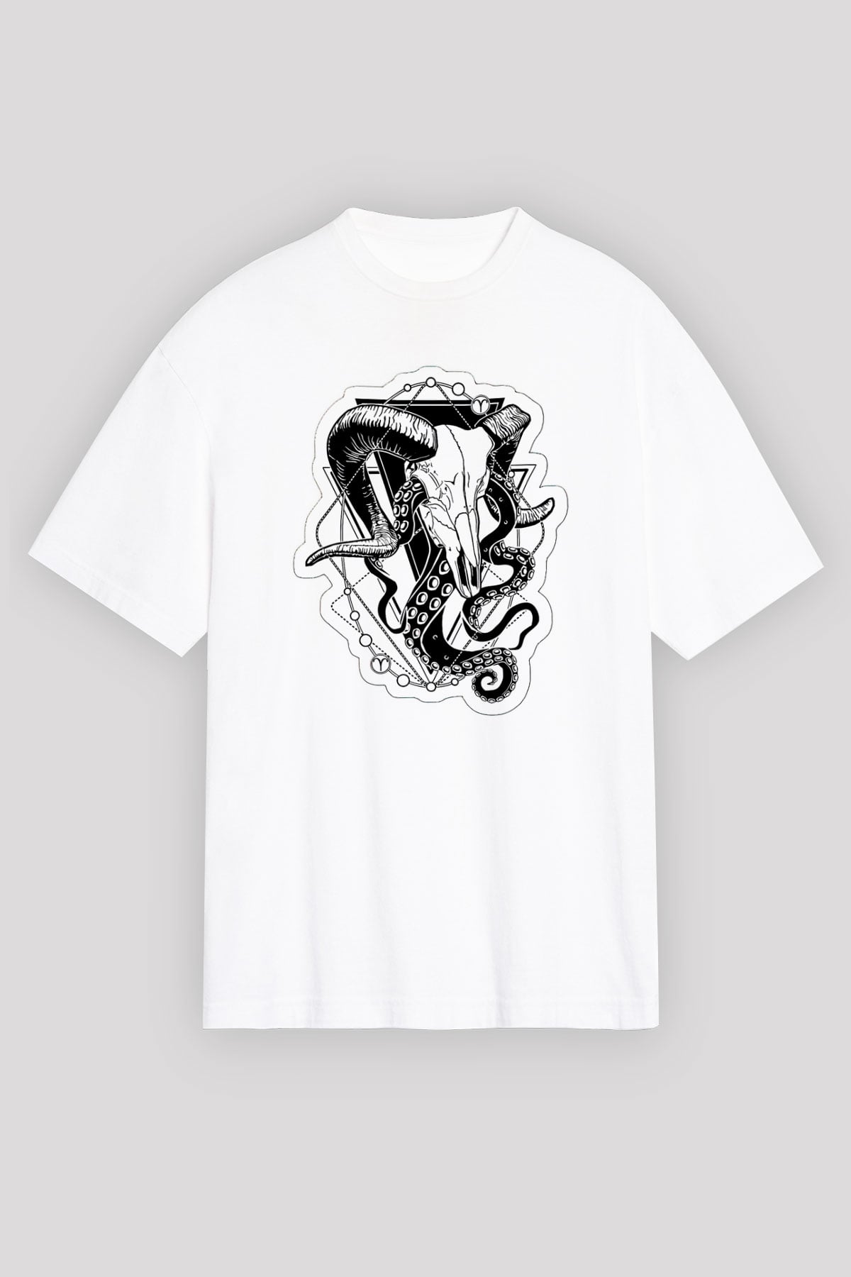 Koç Burcu Baskılı Beyaz Unisex Oversize Tişört - Tshirt