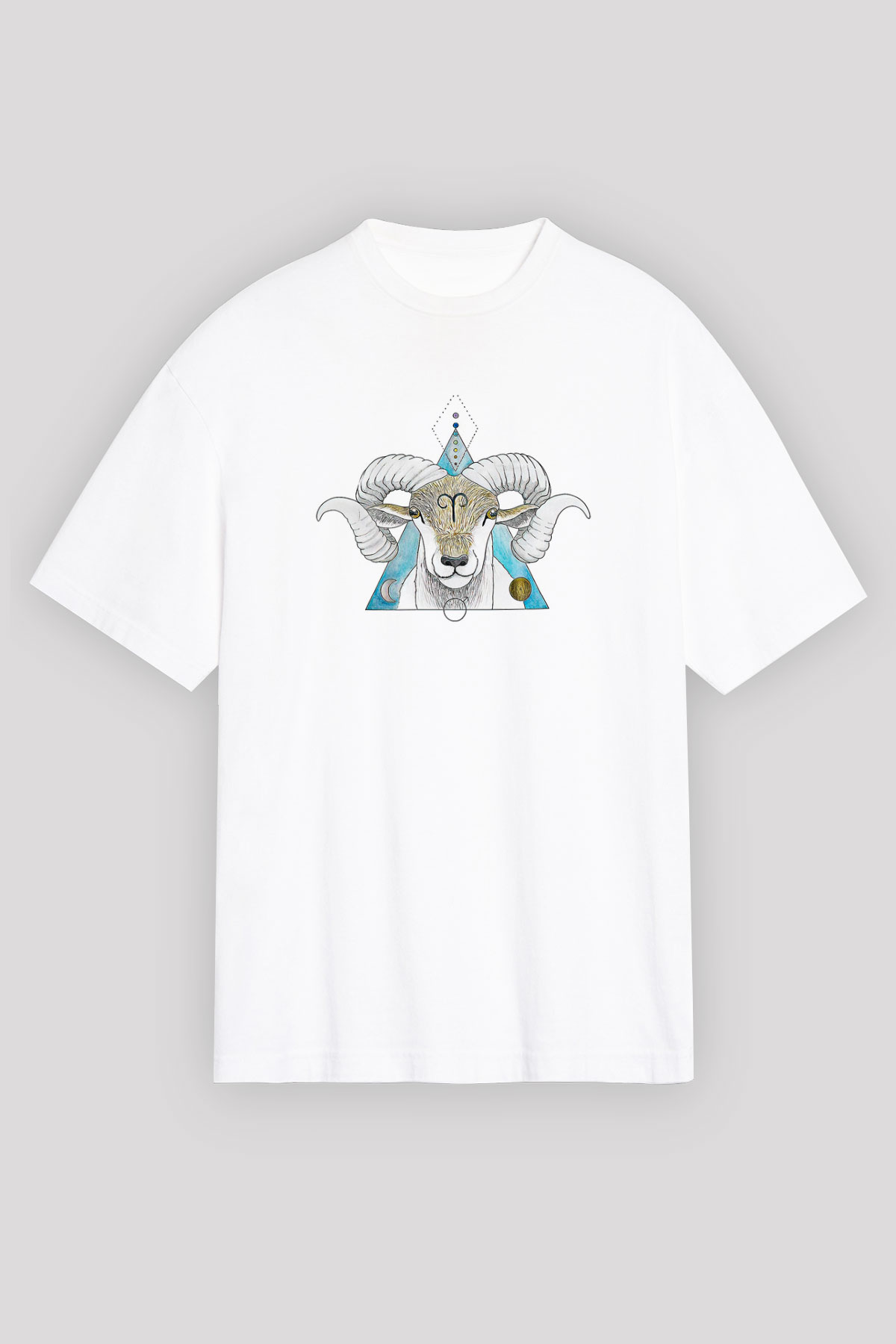 Koç Burcu Baskılı Beyaz Unisex Oversize Tişört - Tshirt