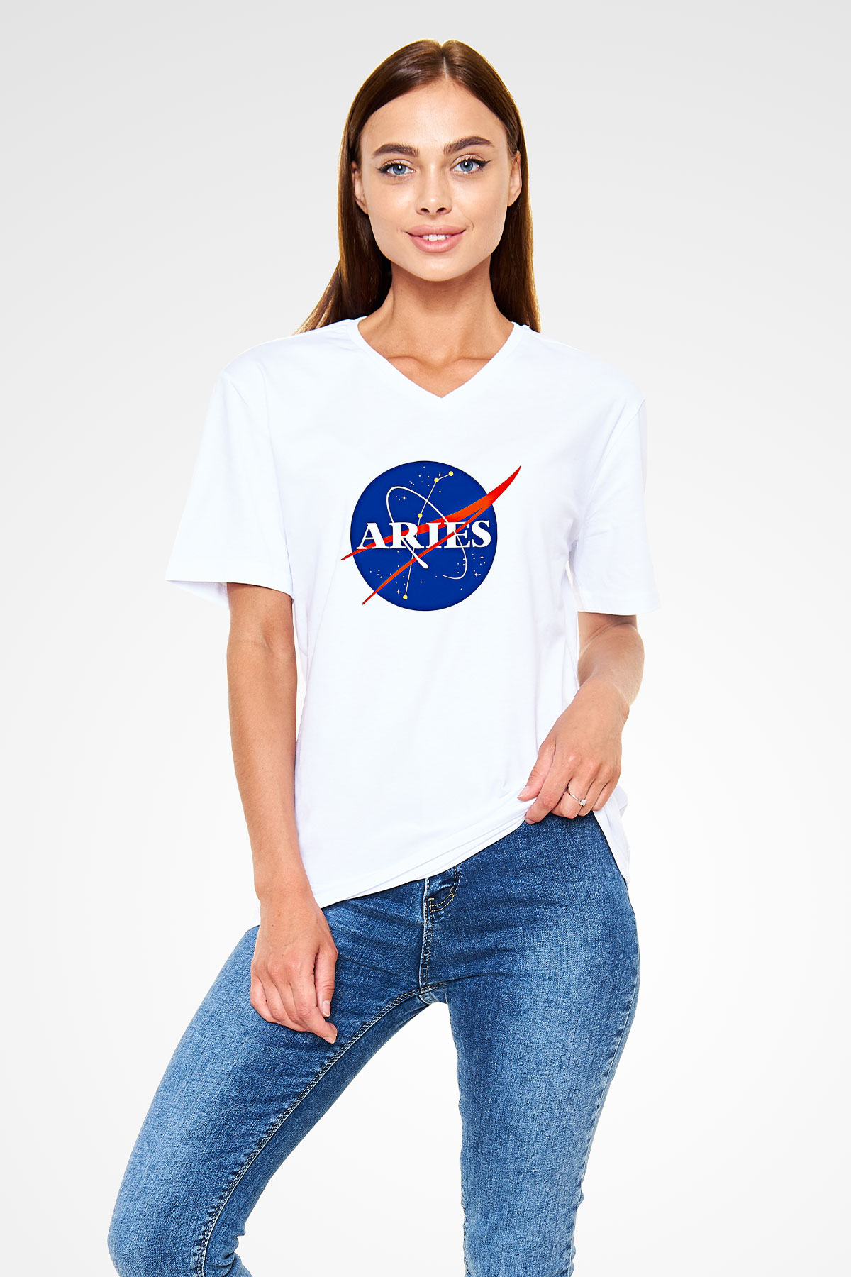 Koç Burcu Baskılı Beyaz Unisex V Yaka Tişört - Tshirt