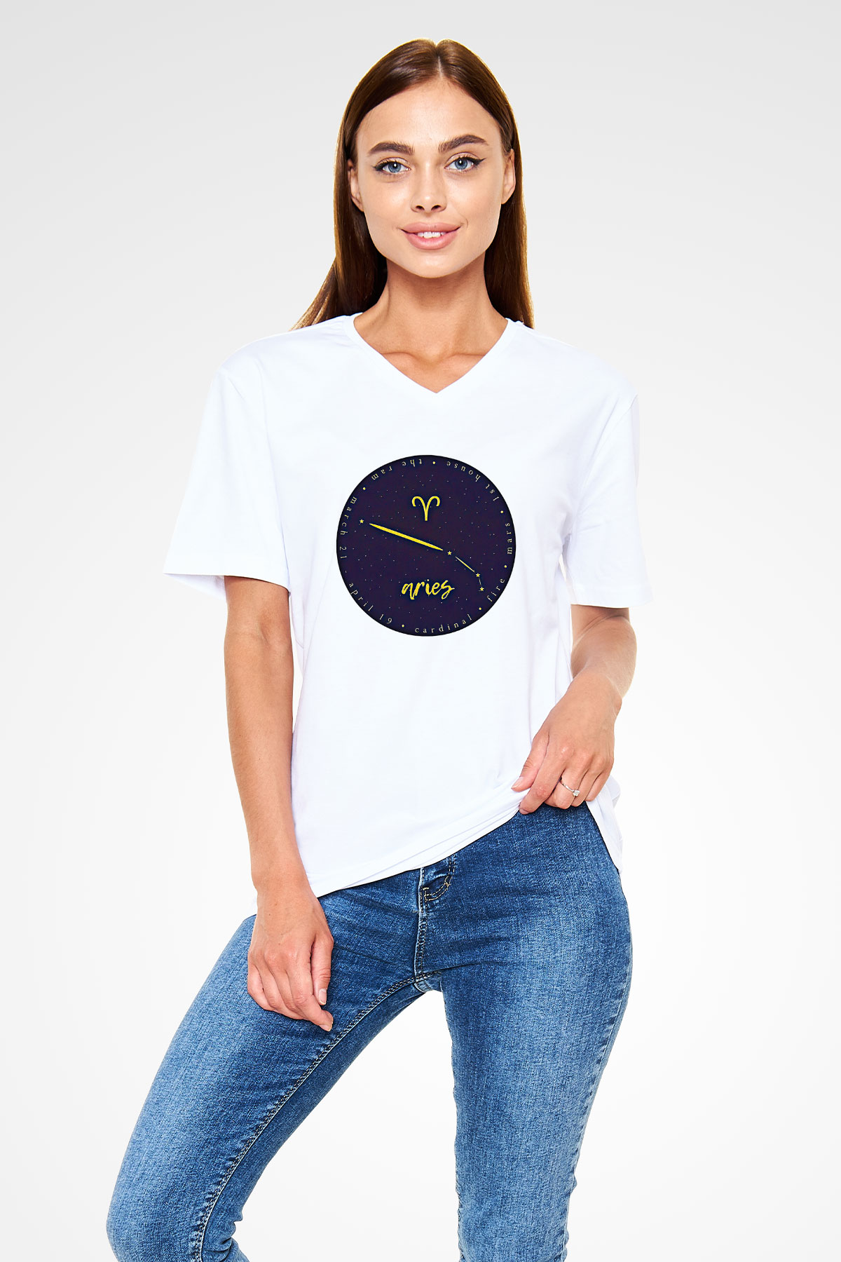 Koç Burcu Baskılı Beyaz Unisex V Yaka Tişört - Tshirt