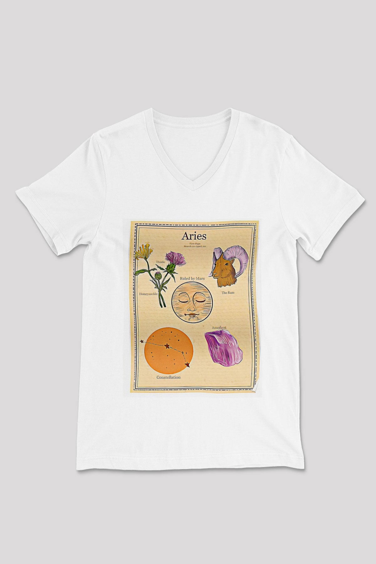Koç Burcu Baskılı Beyaz Unisex V Yaka Tişört - Tshirt