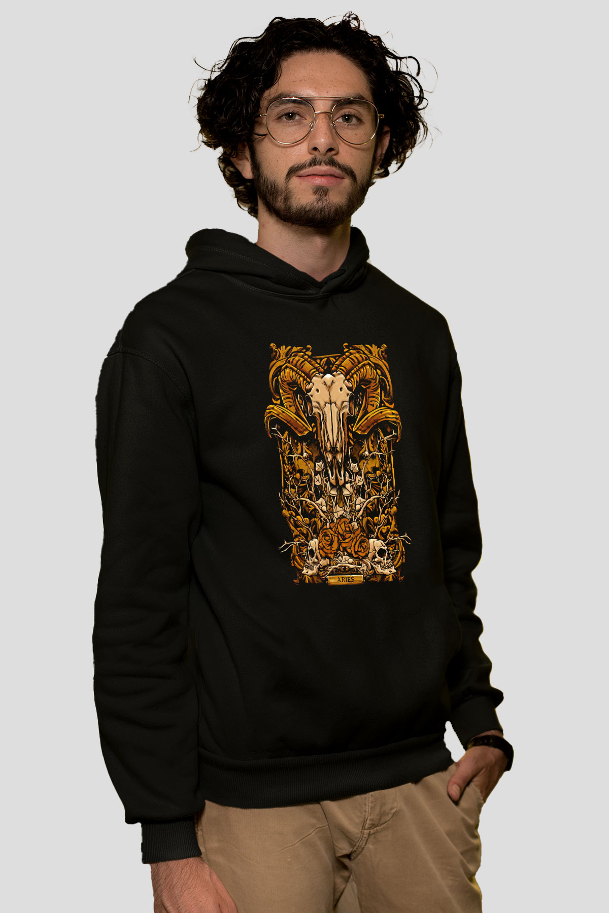 Koç Burcu Baskılı Unisex Siyah Hoodie