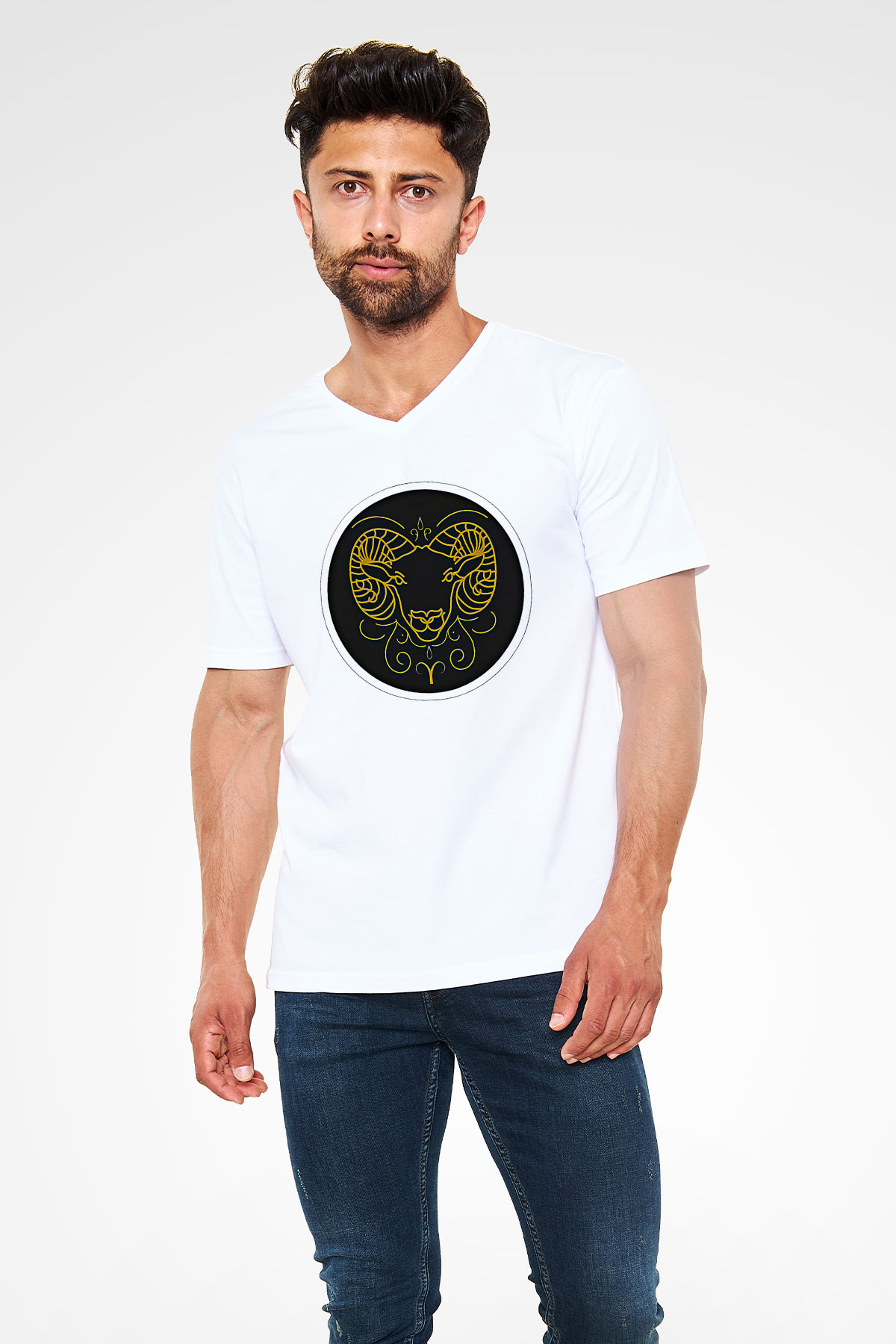 Koç Burcu Baskılı Unisex Siyah V Yaka Tişört - Tshirt