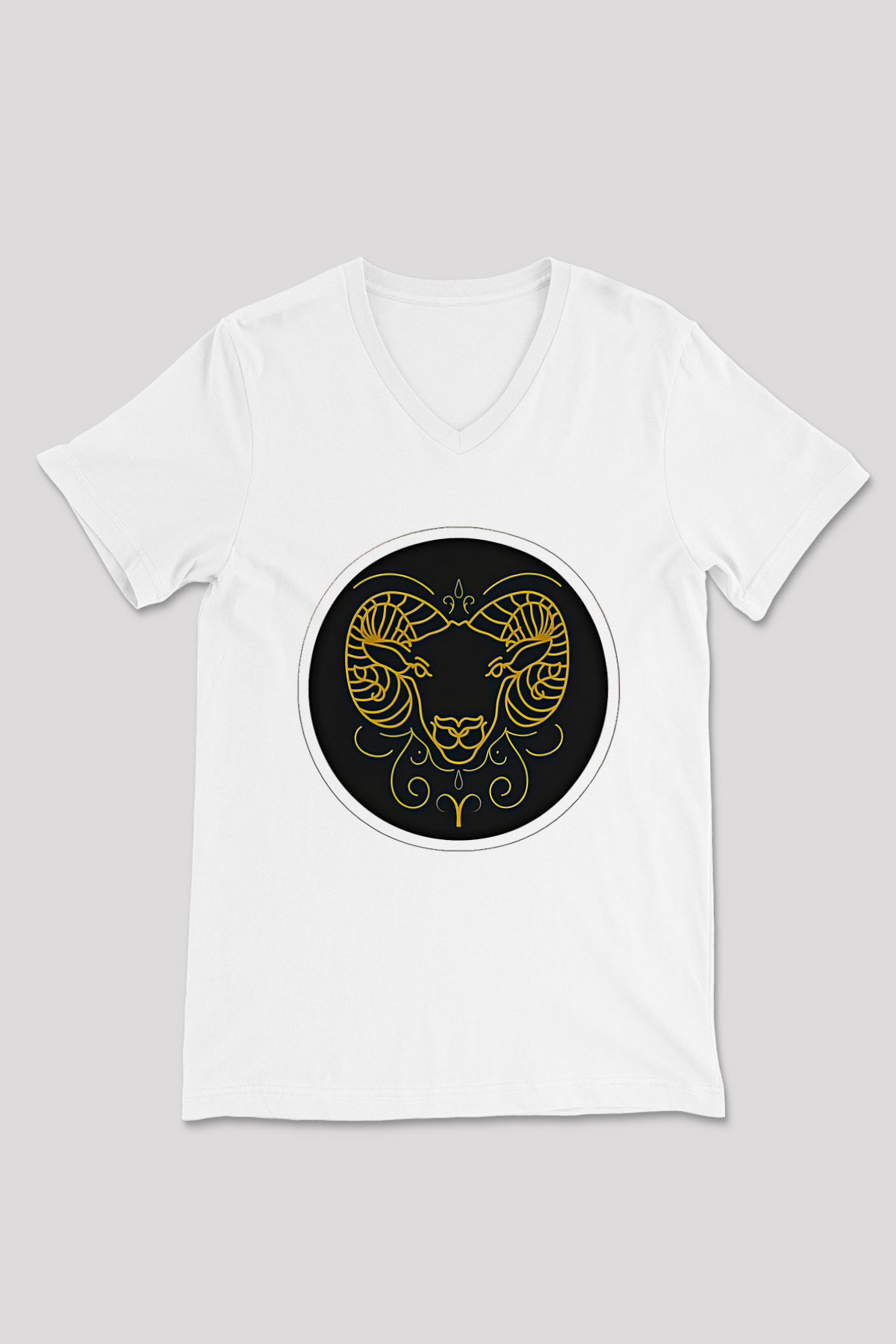 Koç Burcu Baskılı Unisex Siyah V Yaka Tişört - Tshirt
