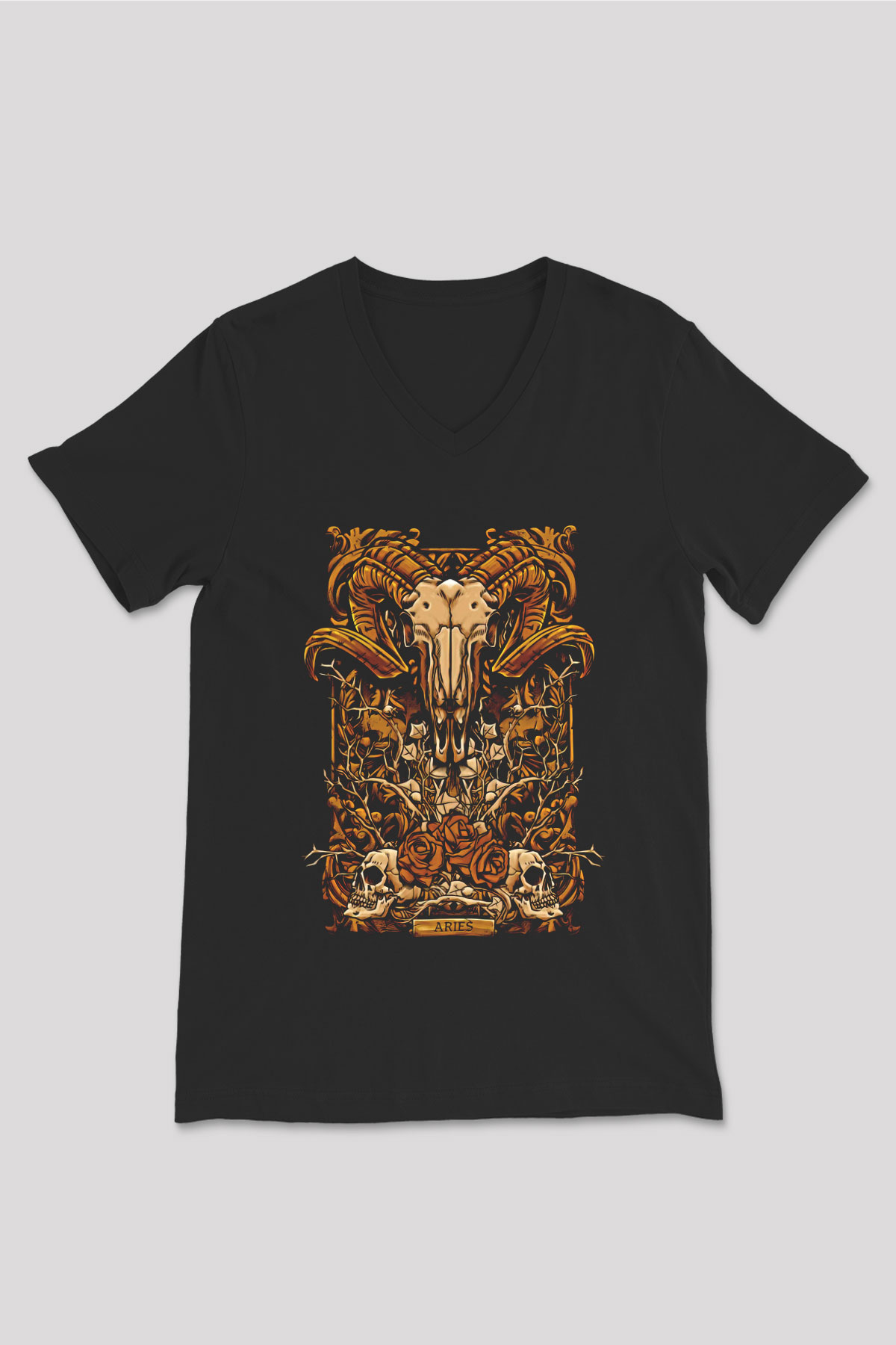 Koç Burcu Baskılı Unisex Siyah V Yaka Tişört - Tshirt
