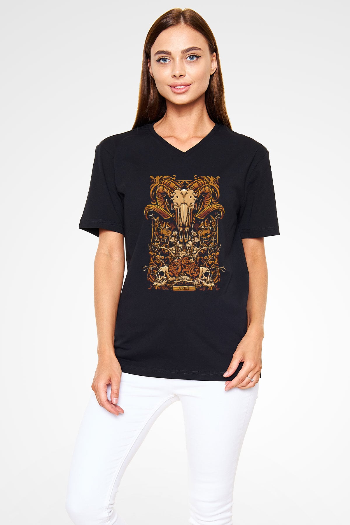 Koç Burcu Baskılı Unisex Siyah V Yaka Tişört - Tshirt