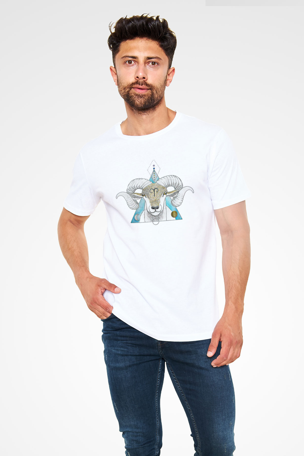 Koç Burcu Unisex Baskılı Beyaz Tişört - Tshirt