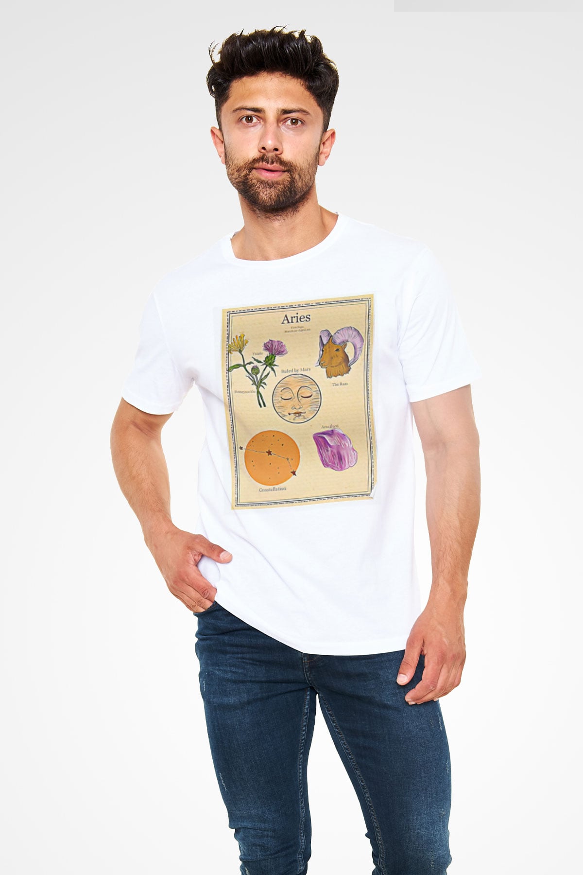 Koç Burcu Unisex Baskılı Beyaz Tişört - Tshirt
