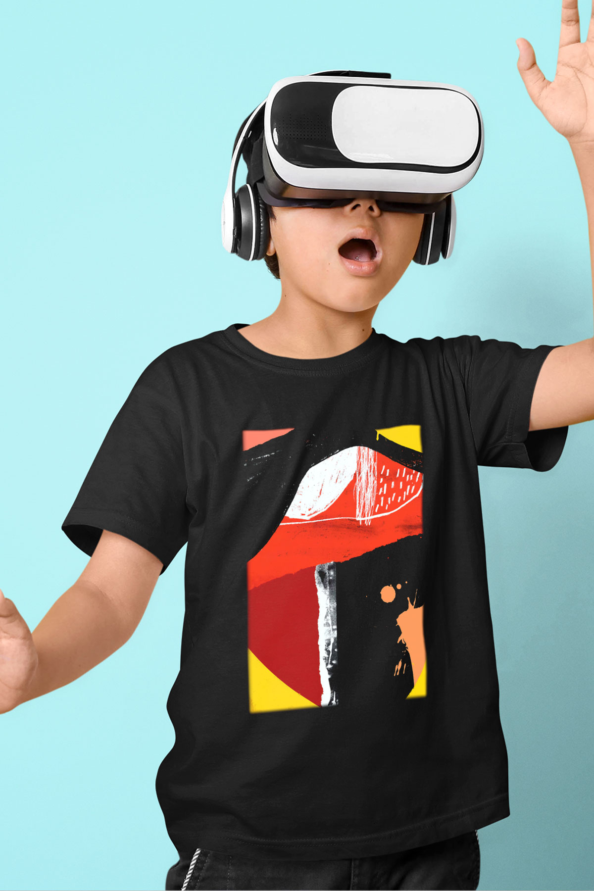 Kolaj Baskılı Siyah Unisex Çocuk Tişört