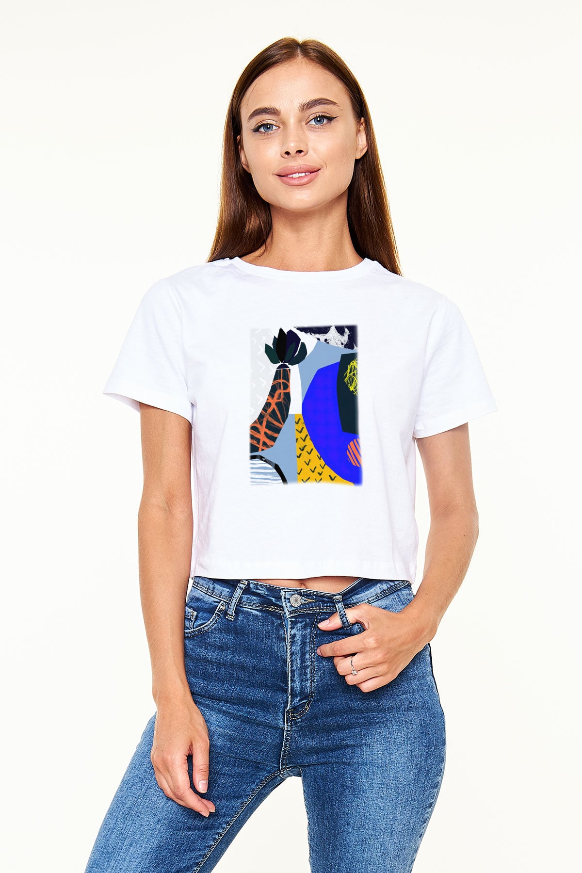 Kolaj Beyaz Croptop Tişört
