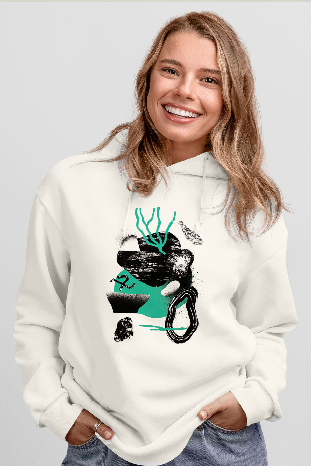 Kolaj Beyaz Unisex Kapşonlu Sweatshirt