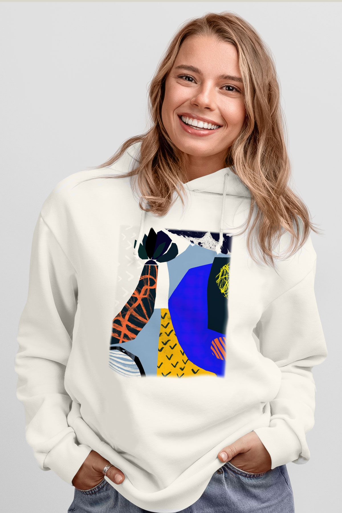 Kolaj Beyaz Unisex Kapşonlu Sweatshirt
