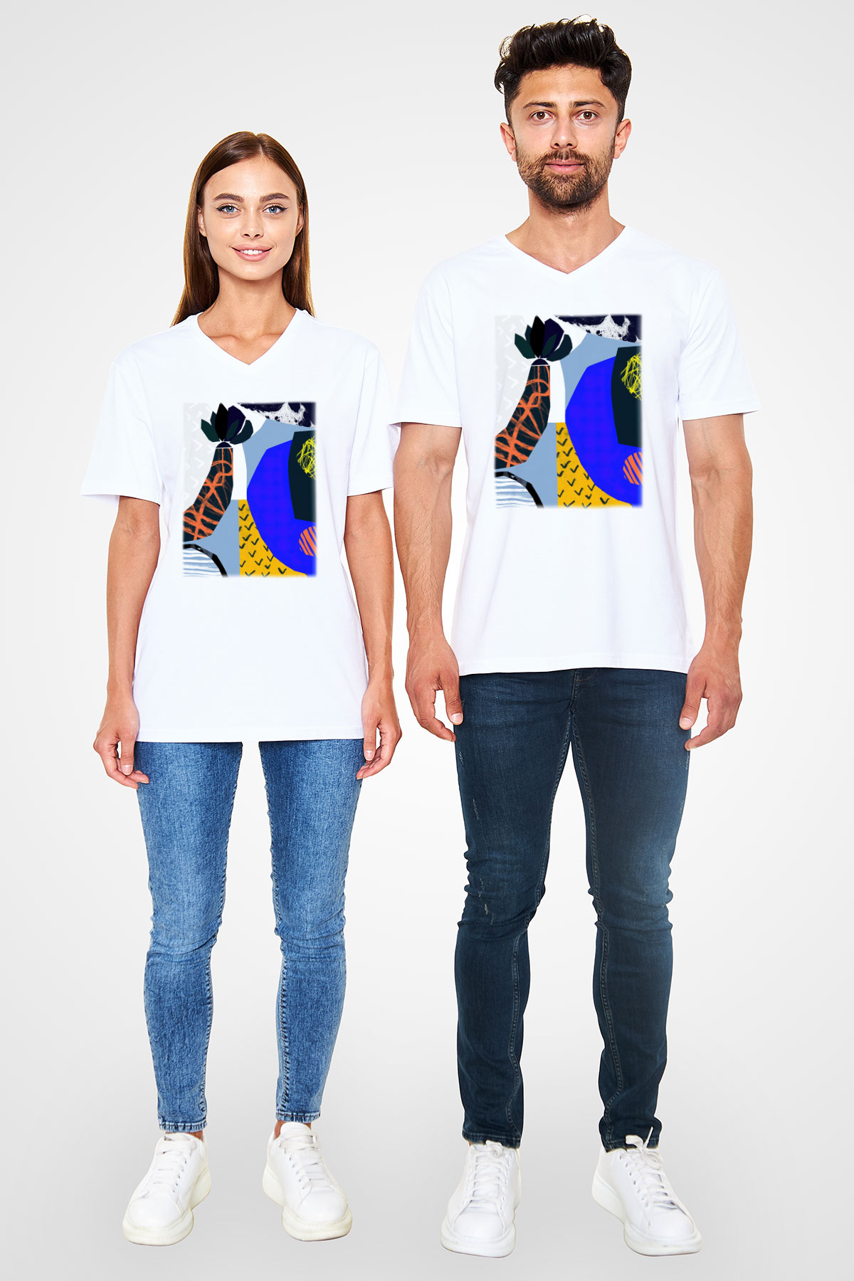 Kolaj Beyaz Unisex V Yaka Tişört T-Shirt