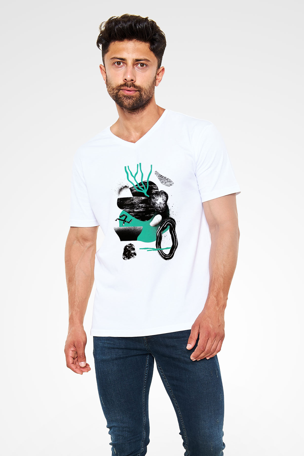 Kolaj Beyaz Unisex V Yaka Tişört T-Shirt