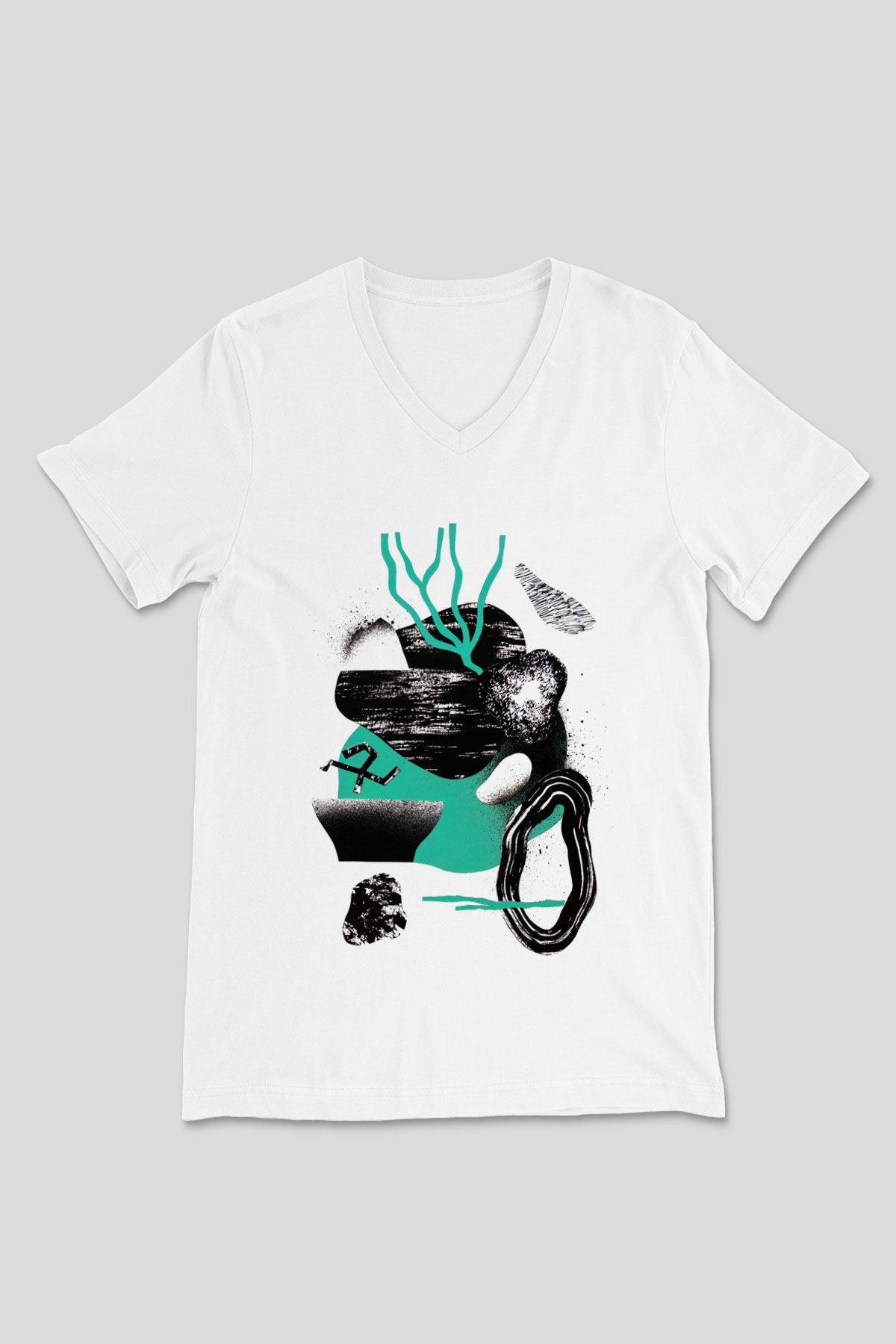 Kolaj Beyaz Unisex V Yaka Tişört T-Shirt