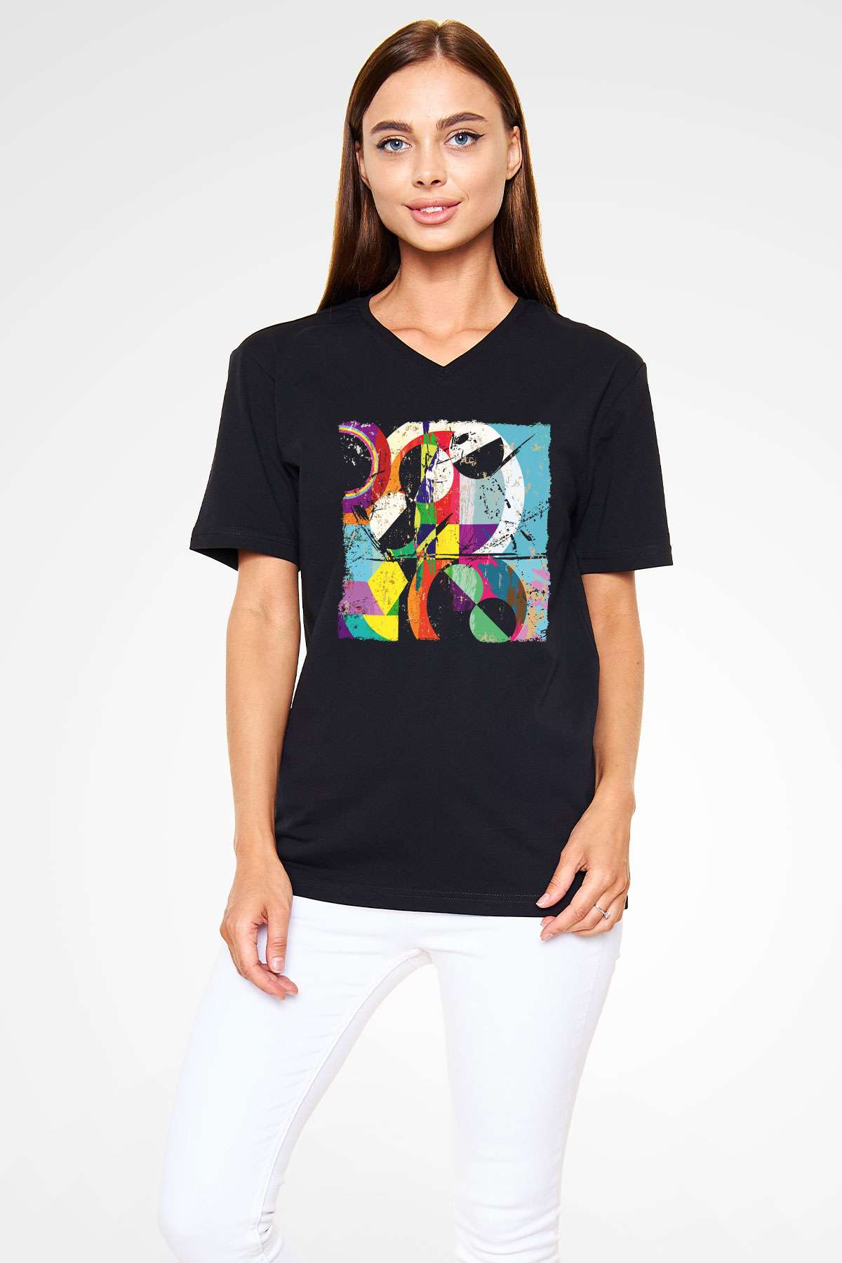 Kolaj Siyah Unisex V Yaka Tişört