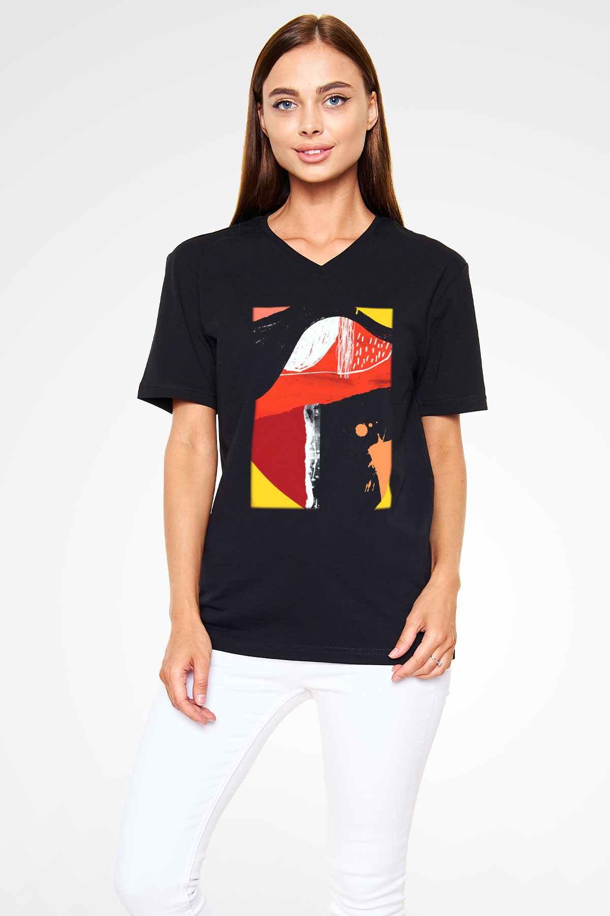 Kolaj Siyah Unisex V Yaka Tişört T-Shirt