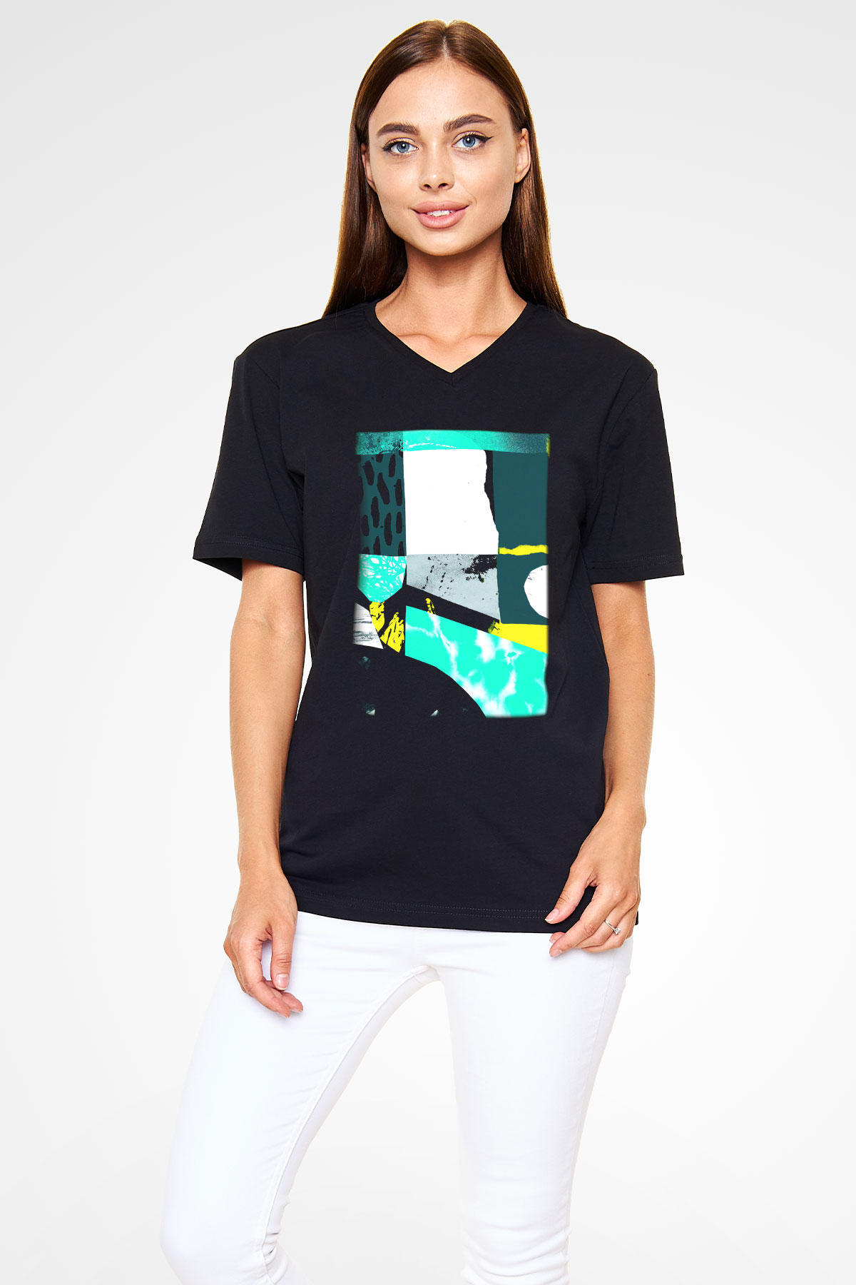 Kolaj Siyah Unisex V Yaka Tişört T-Shirt