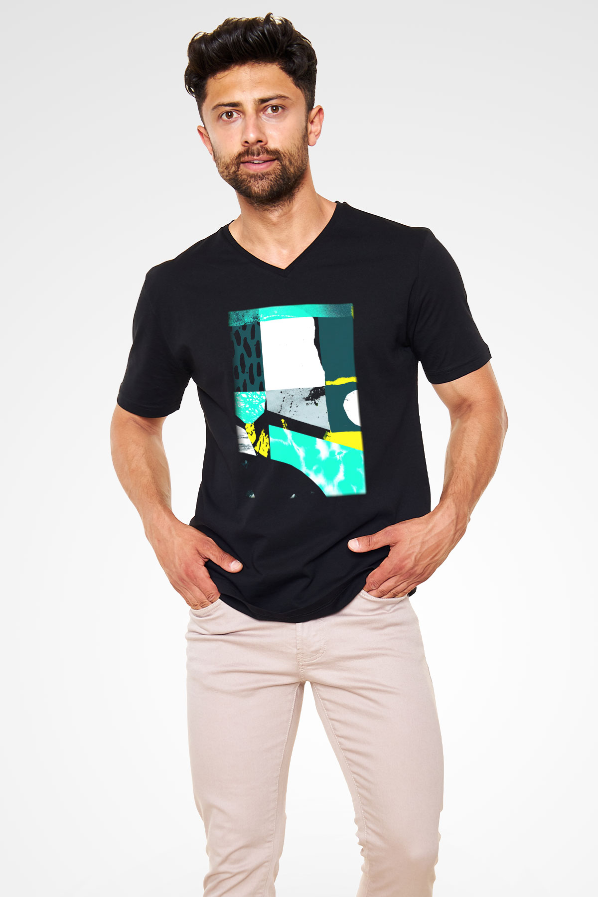Kolaj Siyah Unisex V Yaka Tişört T-Shirt