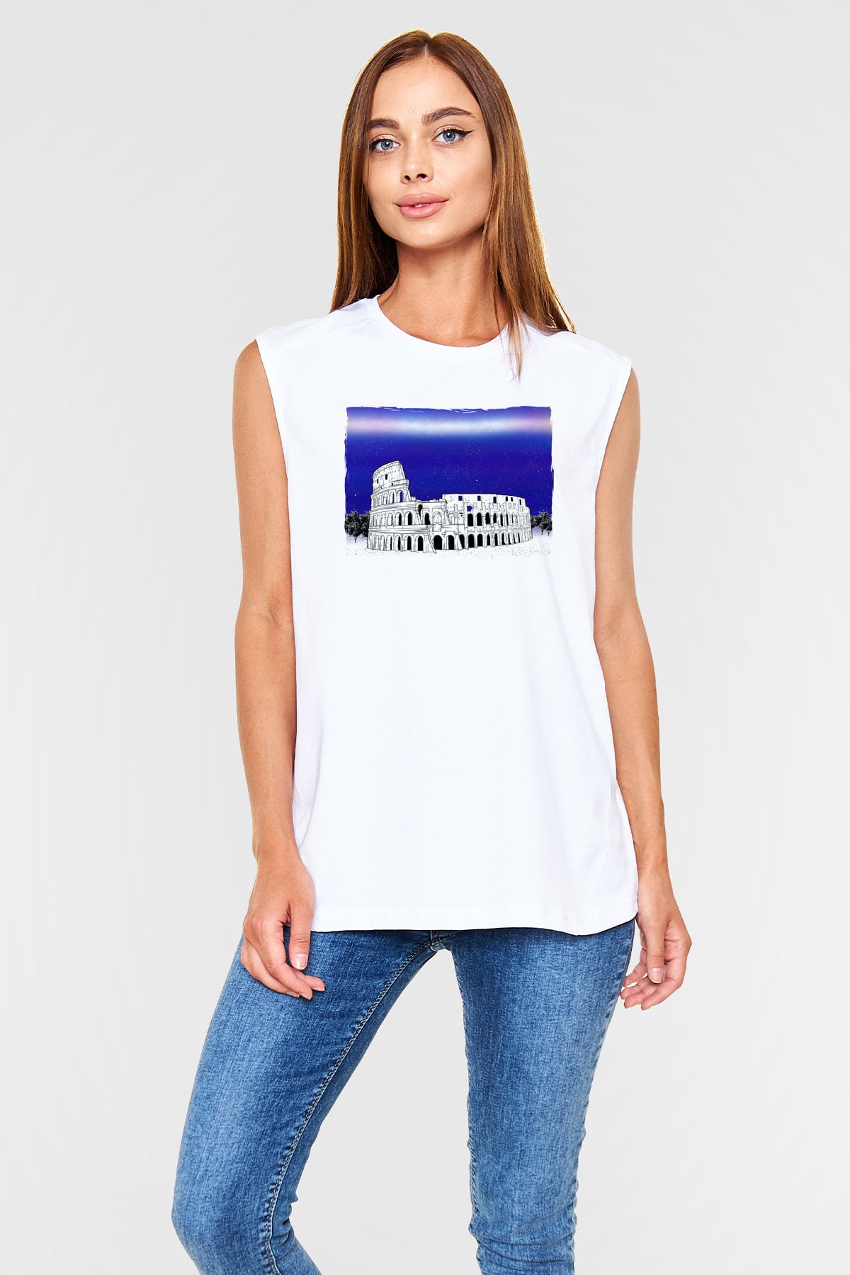 Kolezyum Beyaz Unisex Kolsuz Tişört