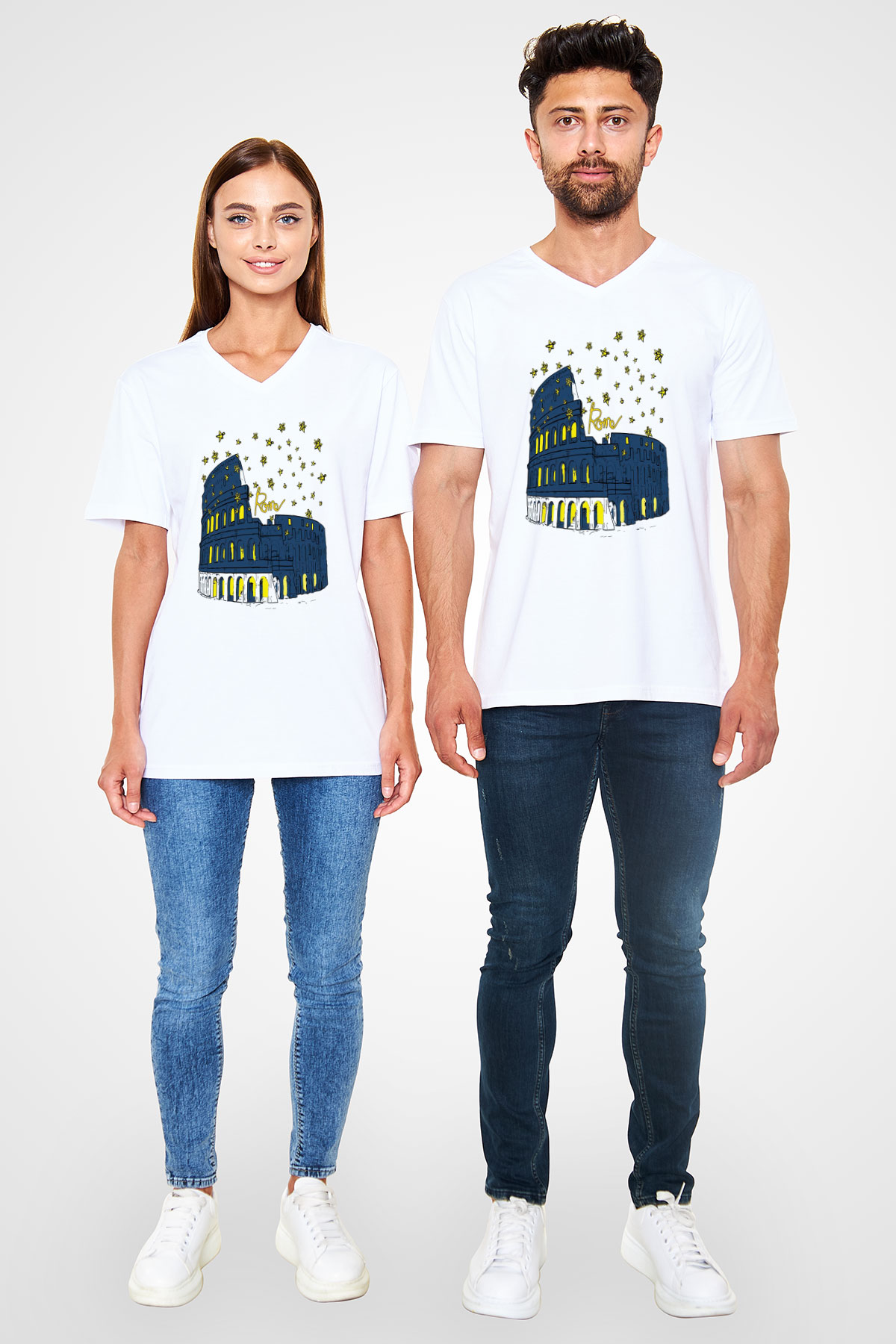 Kolezyum Beyaz Unisex V Yaka Tişört