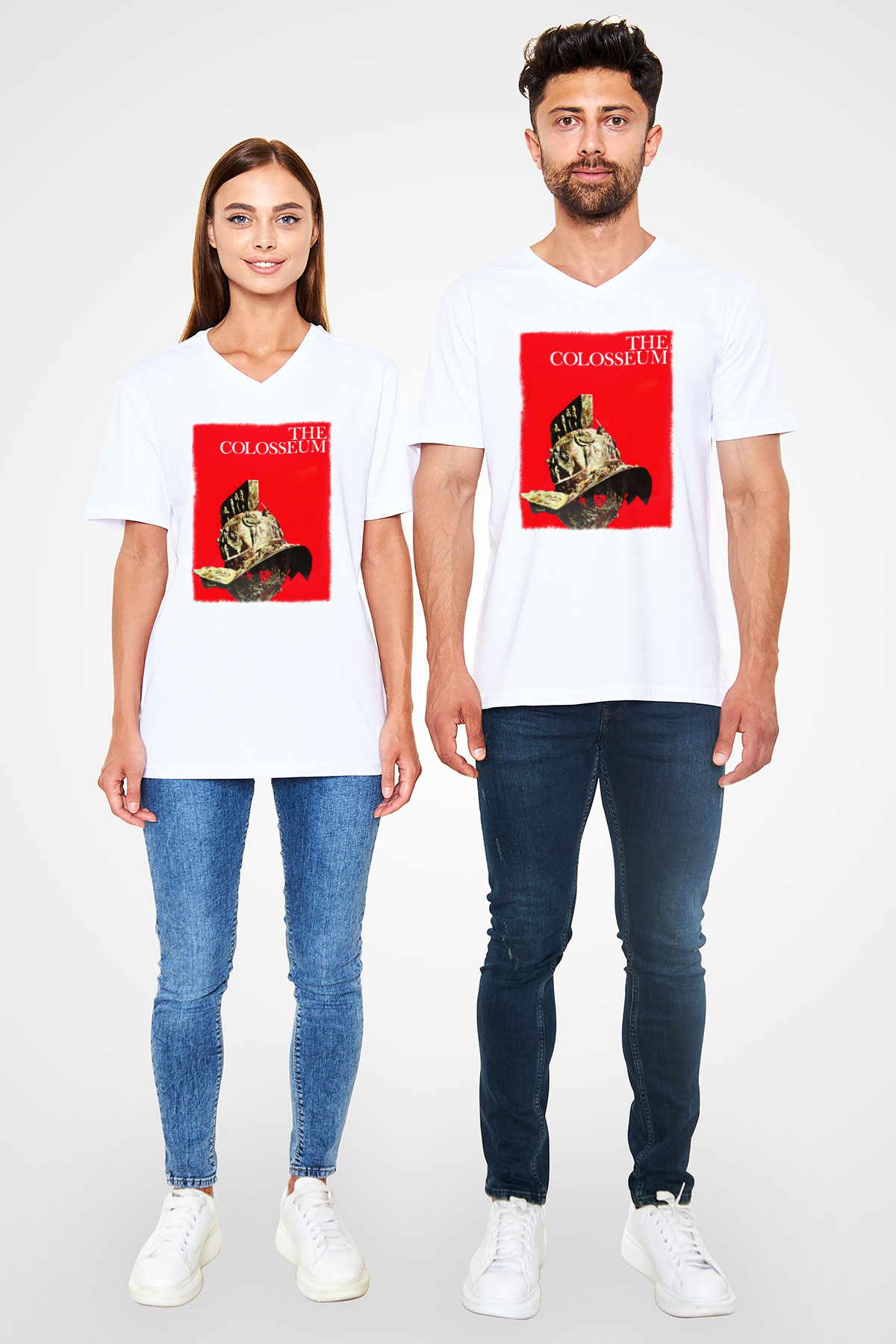 Kolezyum Beyaz Unisex V Yaka Tişört T-Shirt