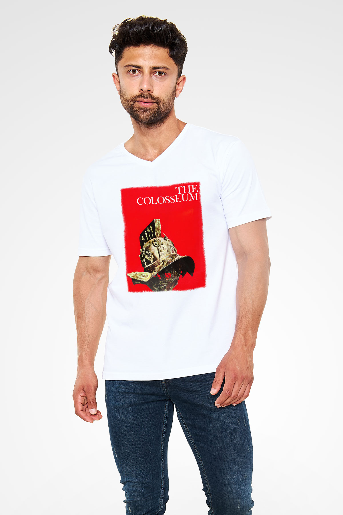 Kolezyum Beyaz Unisex V Yaka Tişört T-Shirt
