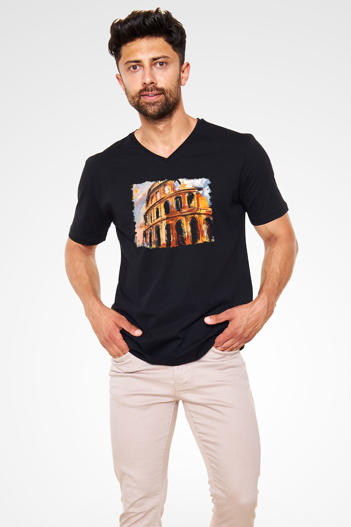 Kolezyum Siyah Unisex V Yaka Tişört T-Shirt