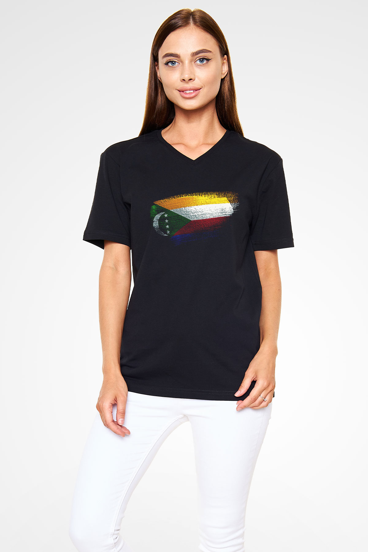Komorlar - Comoros Bayrağı Baskılı Unisex Siyah V Yaka Tişört