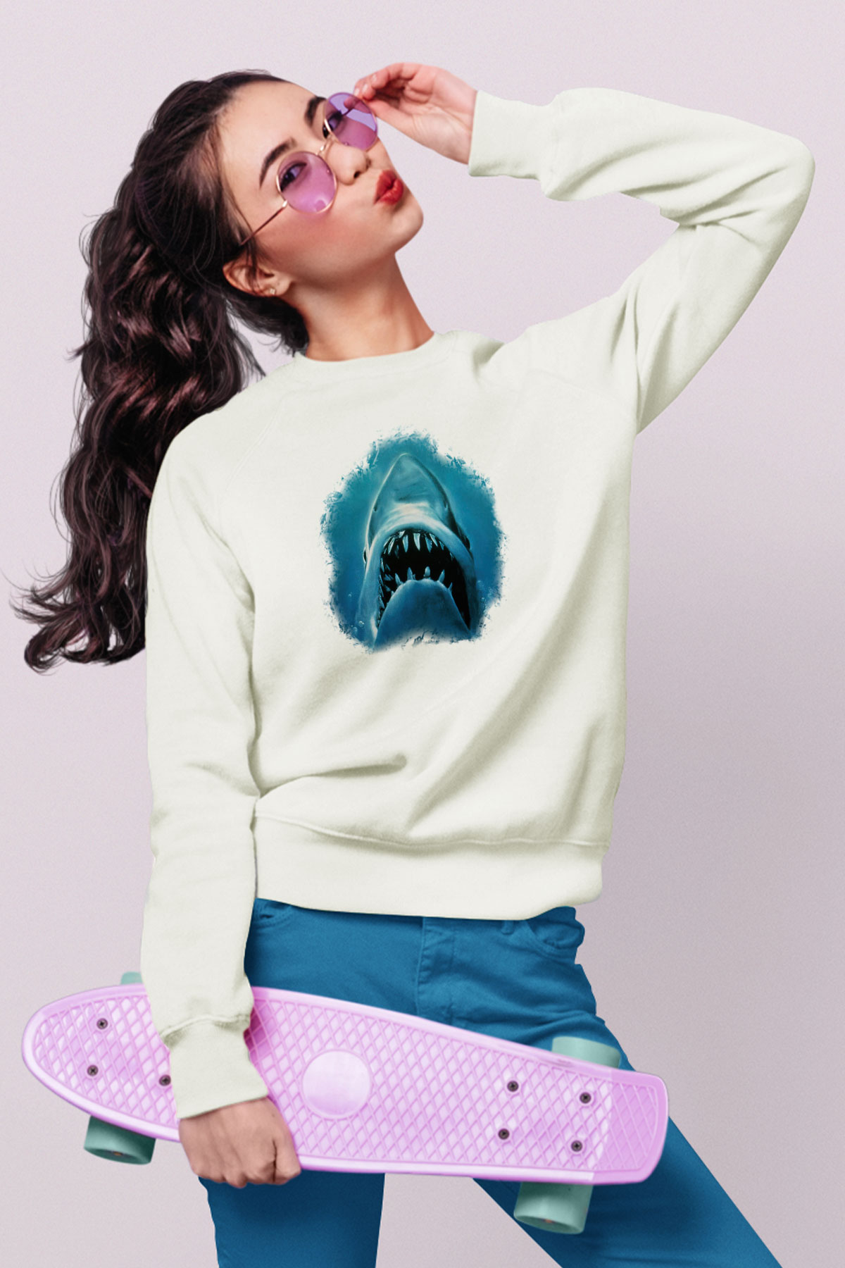 Köpekbalığı Beyaz Unisex Sweatshirt