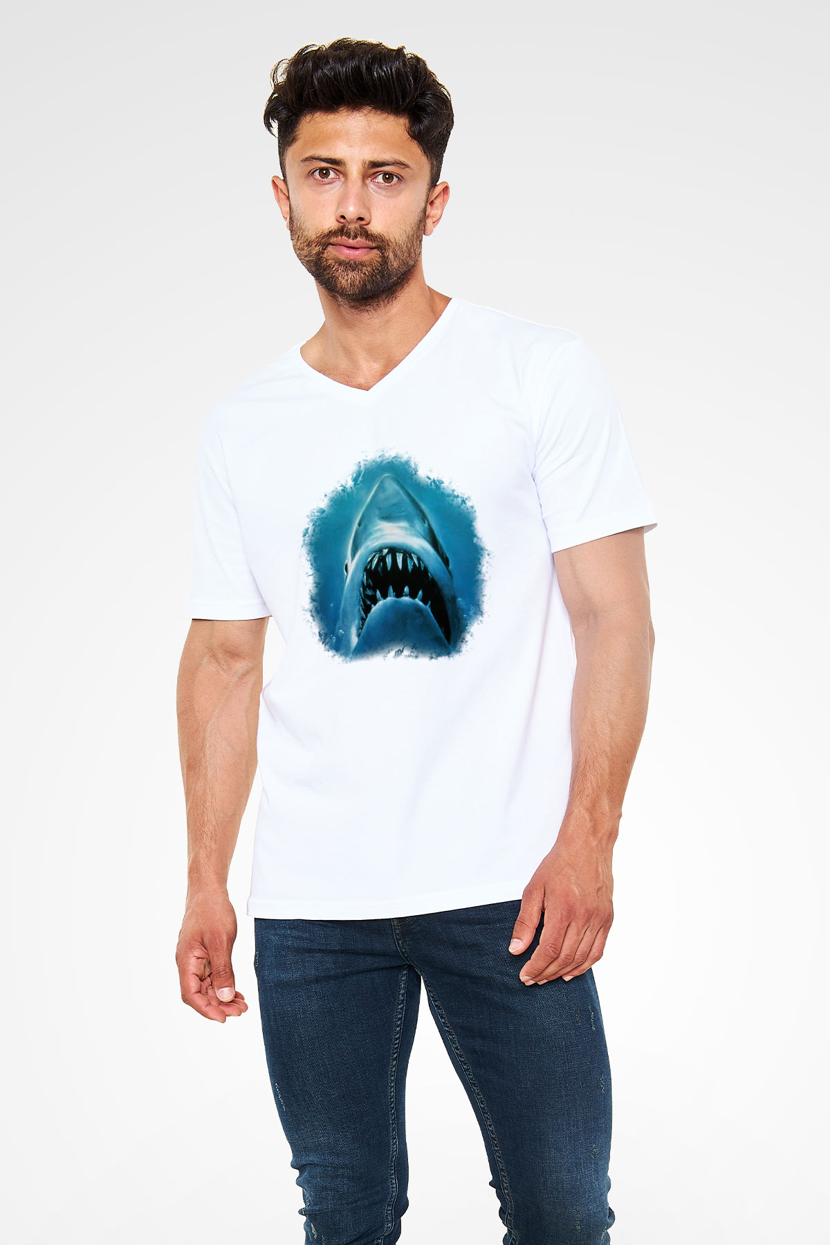 Köpekbalığı Beyaz Unisex V Yaka Tişört T-Shirt