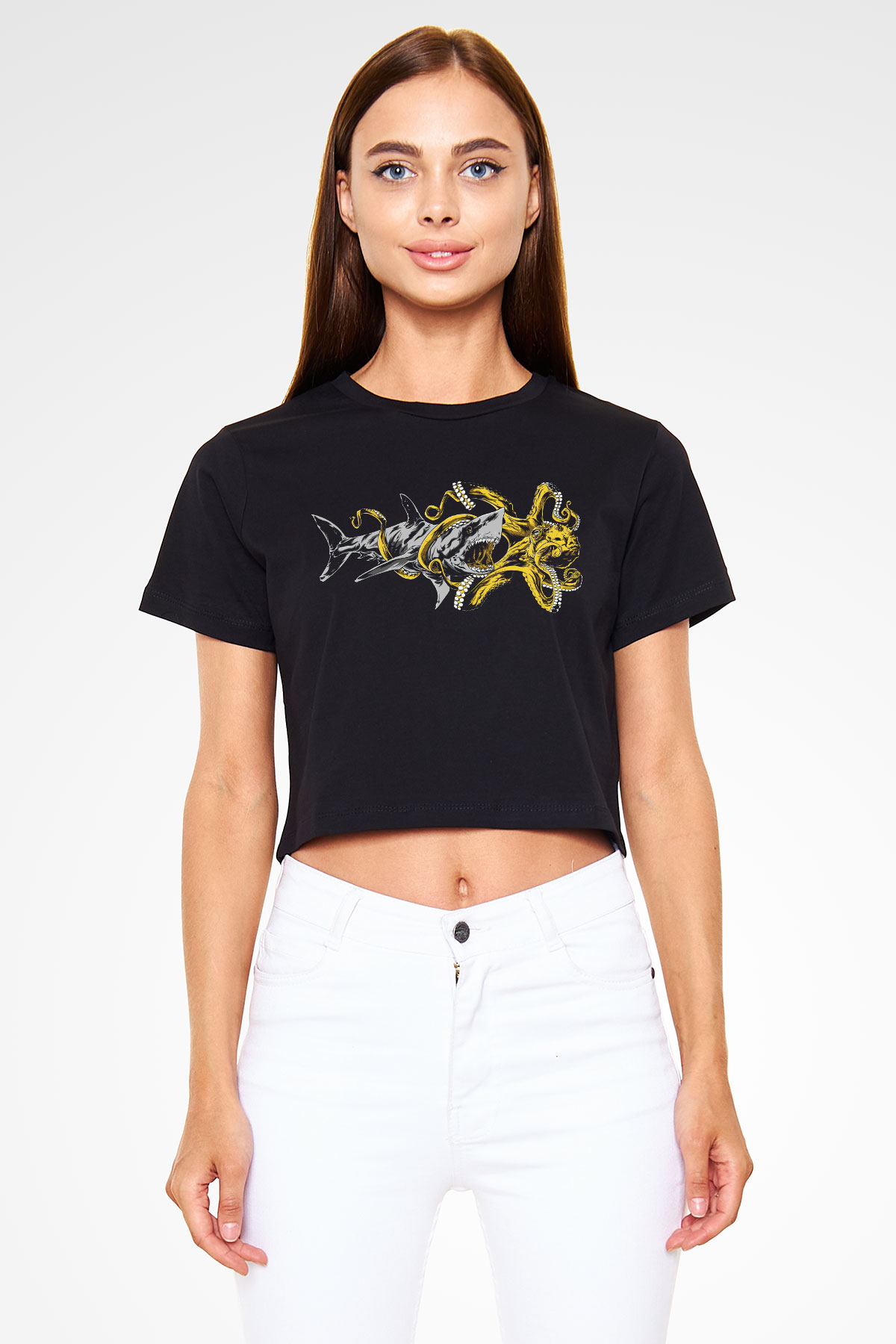 Köpekbalığı Siyah Crop Top Tişört