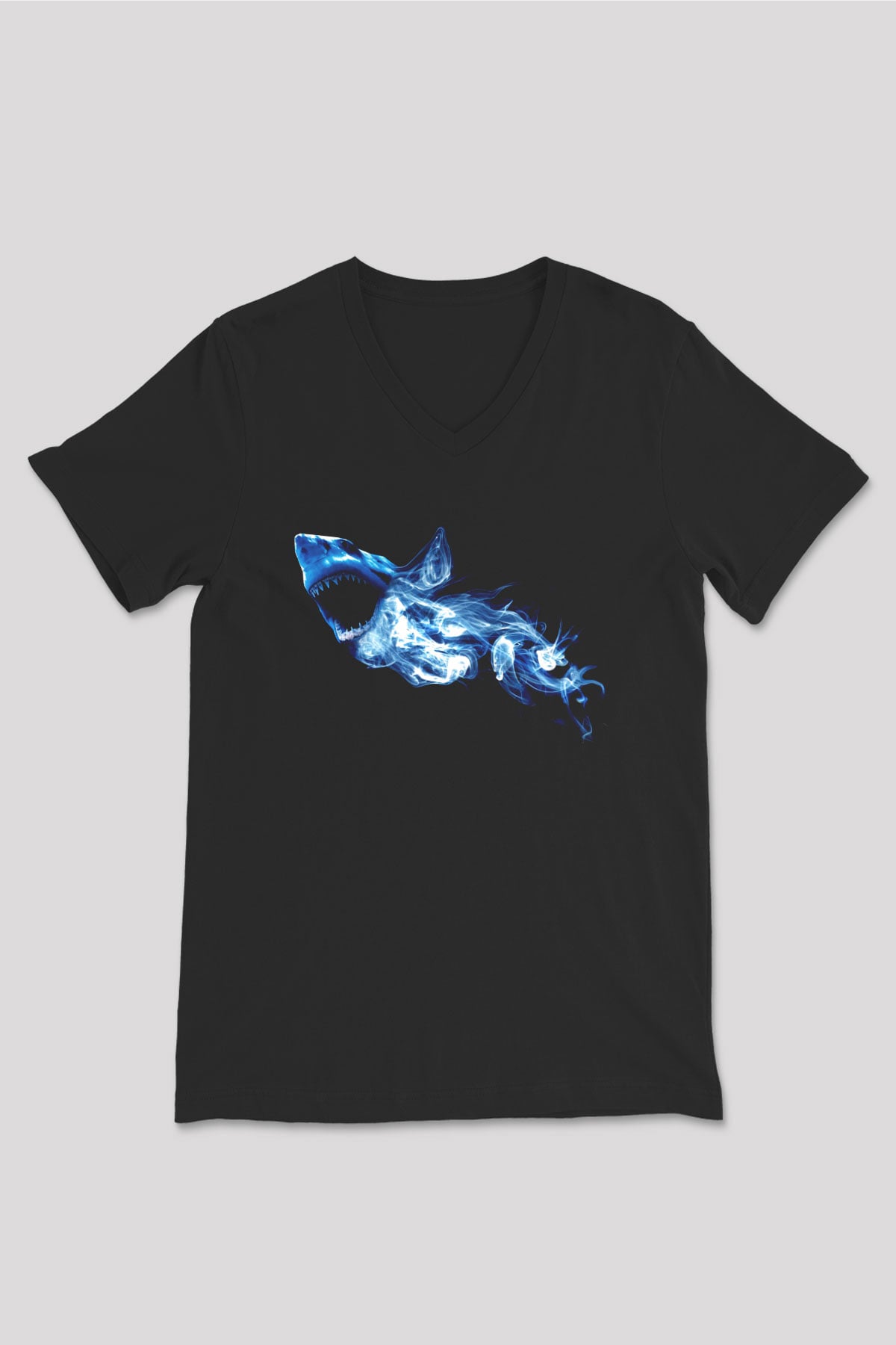 Köpekbalığı Siyah Unisex V Yaka Tişört T-Shirt