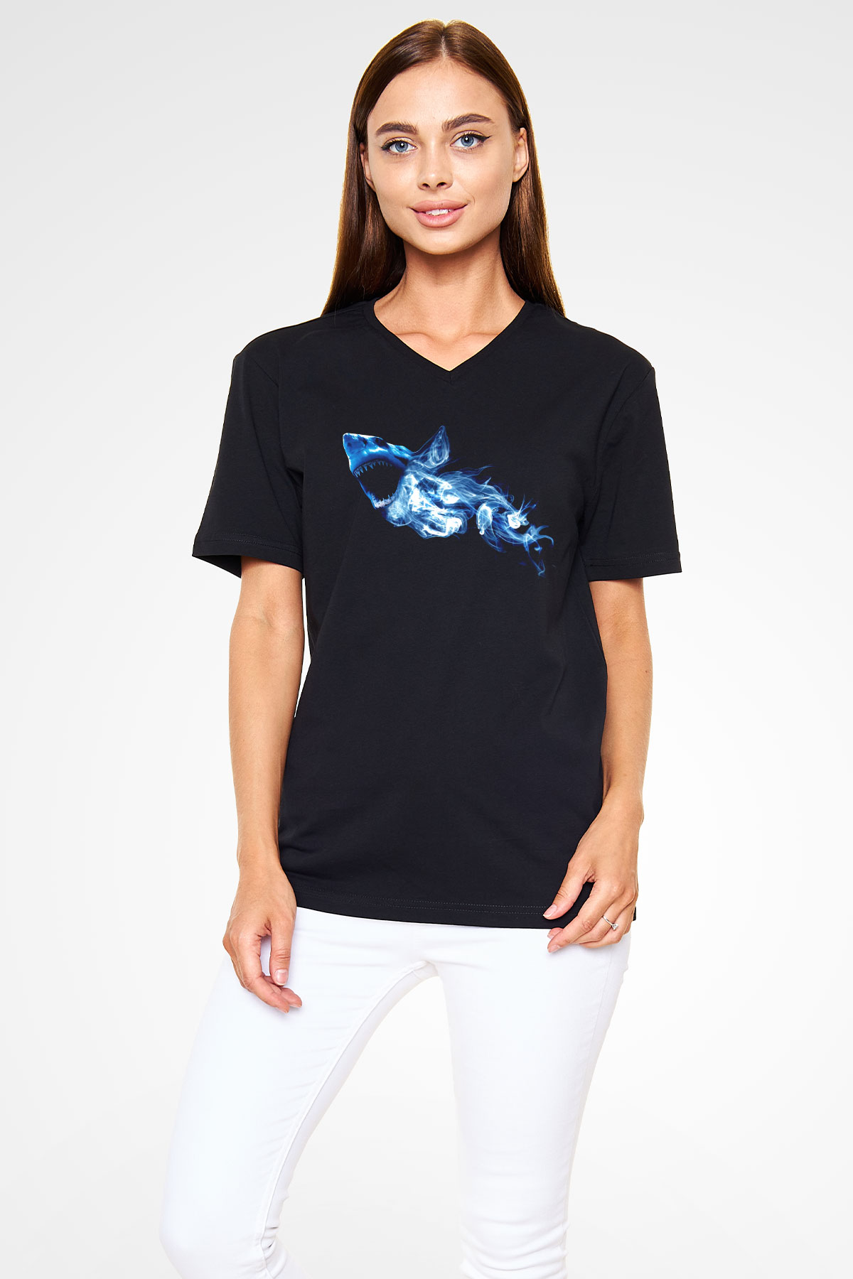 Köpekbalığı Siyah Unisex V Yaka Tişört T-Shirt