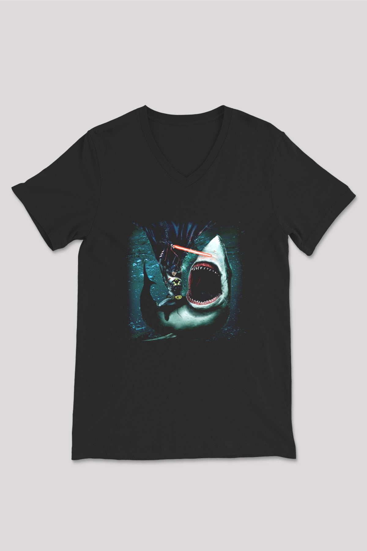 Köpekbalığı Siyah Unisex V Yaka Tişört T-Shirt