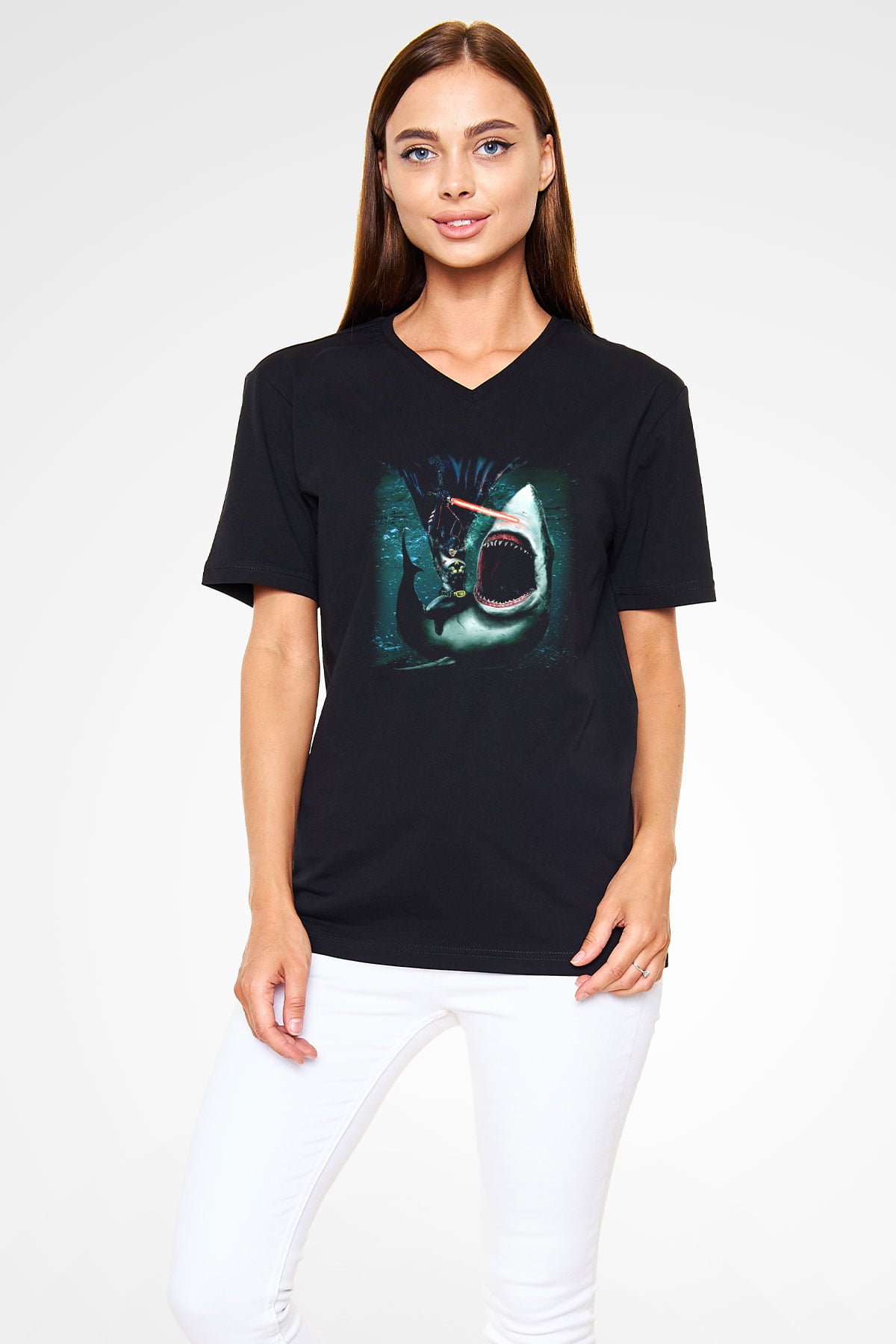 Köpekbalığı Siyah Unisex V Yaka Tişört T-Shirt