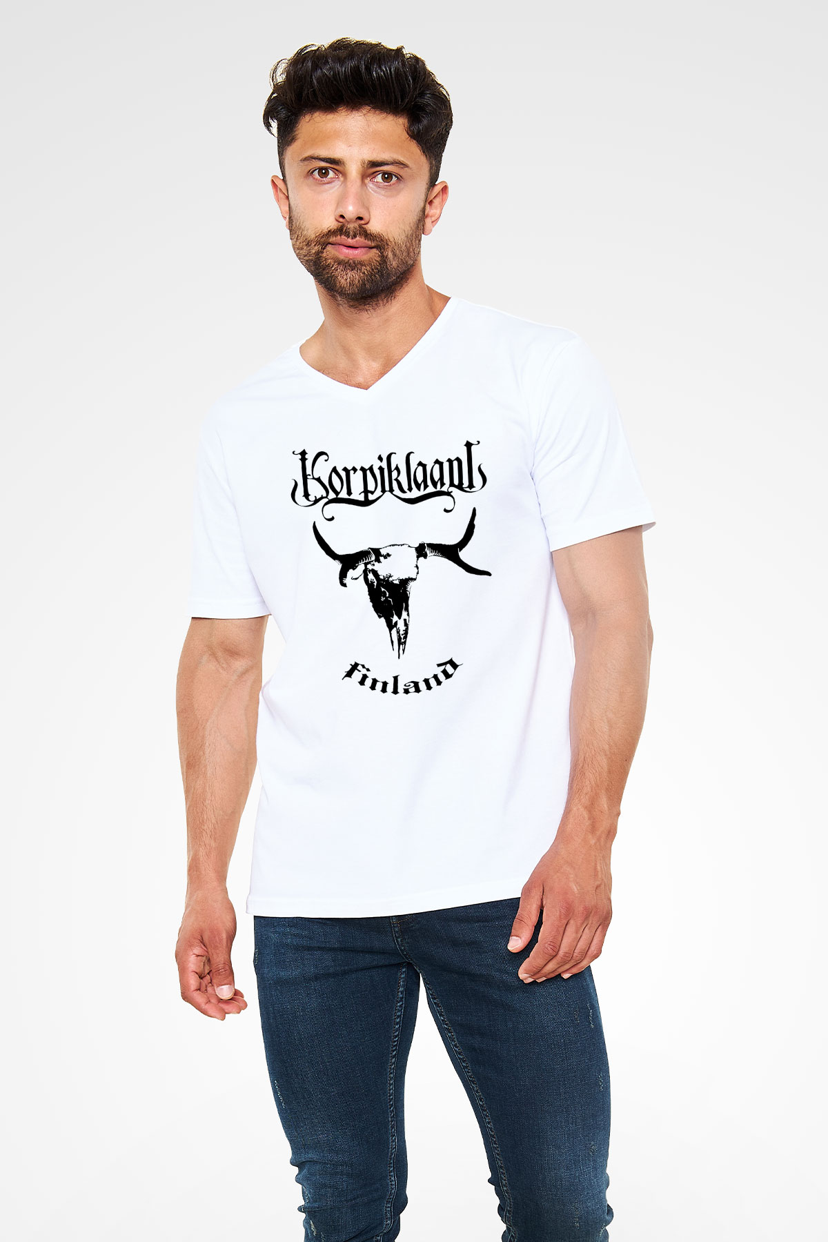 Korpiklaani Beyaz Unisex V Yaka Tişört T-Shirt