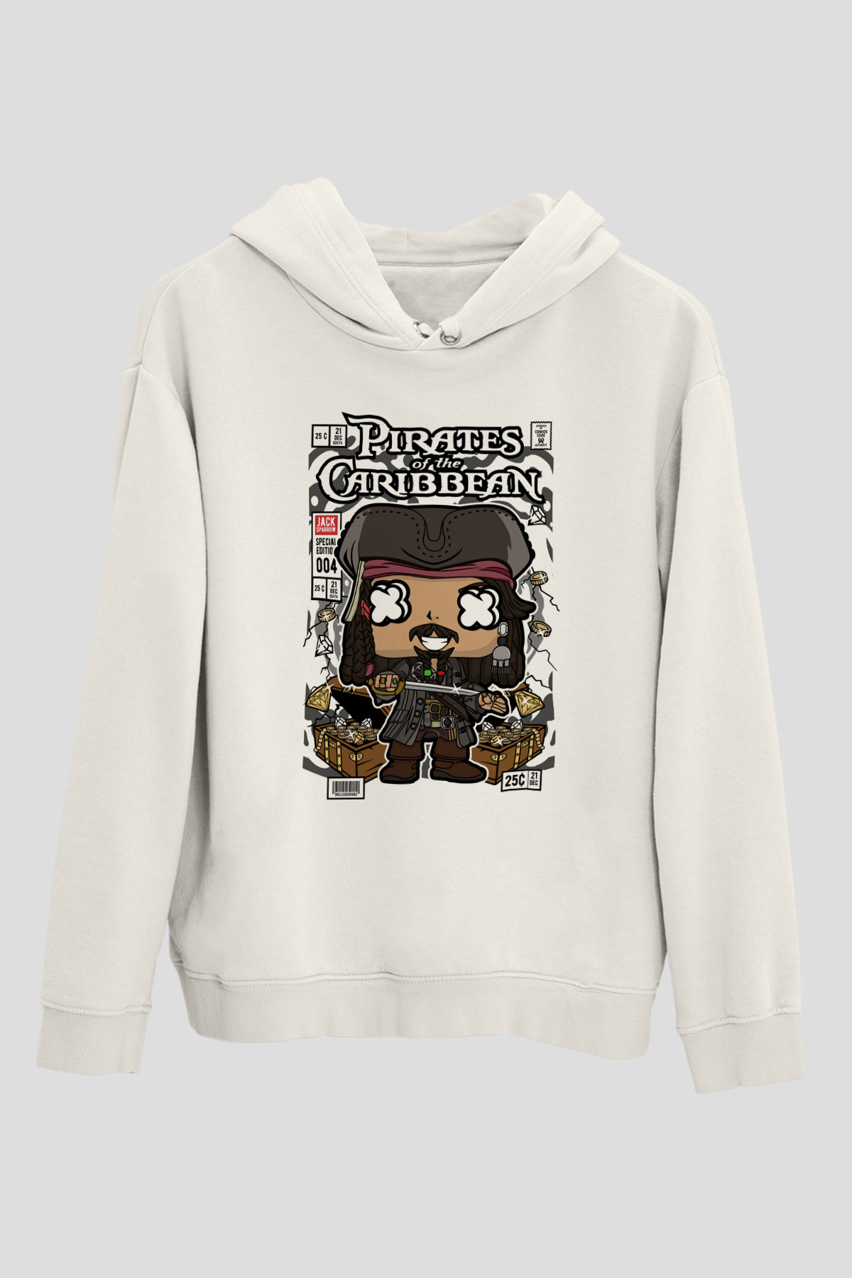 Korsan Jack Baskılı Unisex Beyaz Hoodie