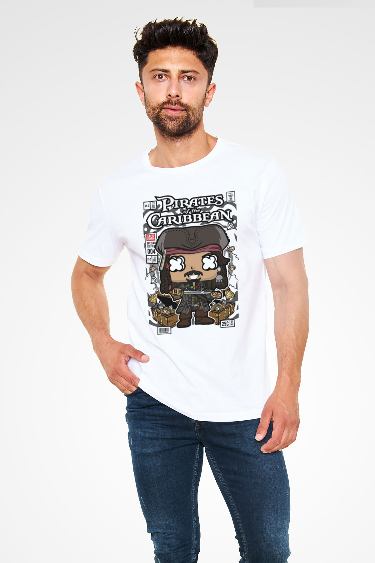 Korsan Jack Baskılı Unisex Beyaz Tişört