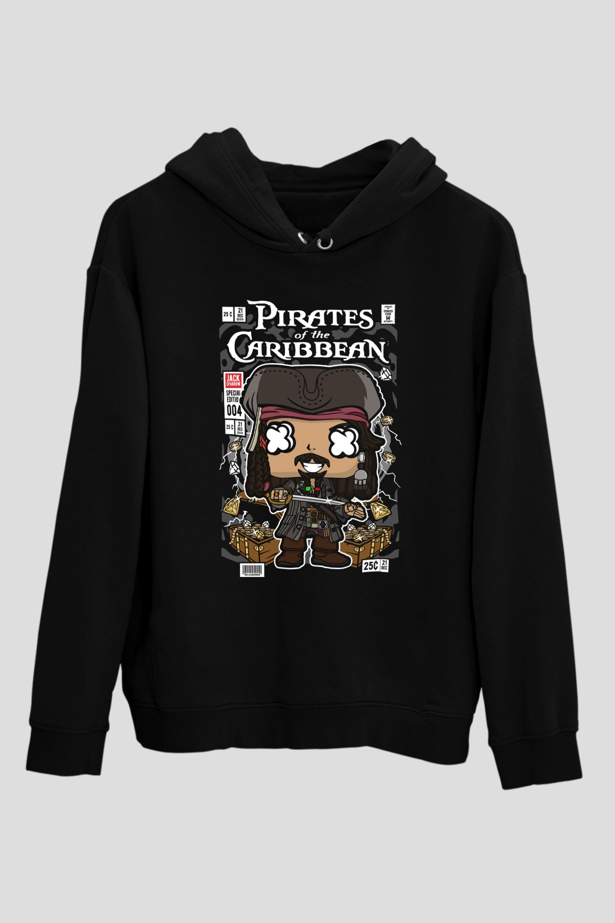 Korsan Jack Baskılı Unisex Siyah Hoodie