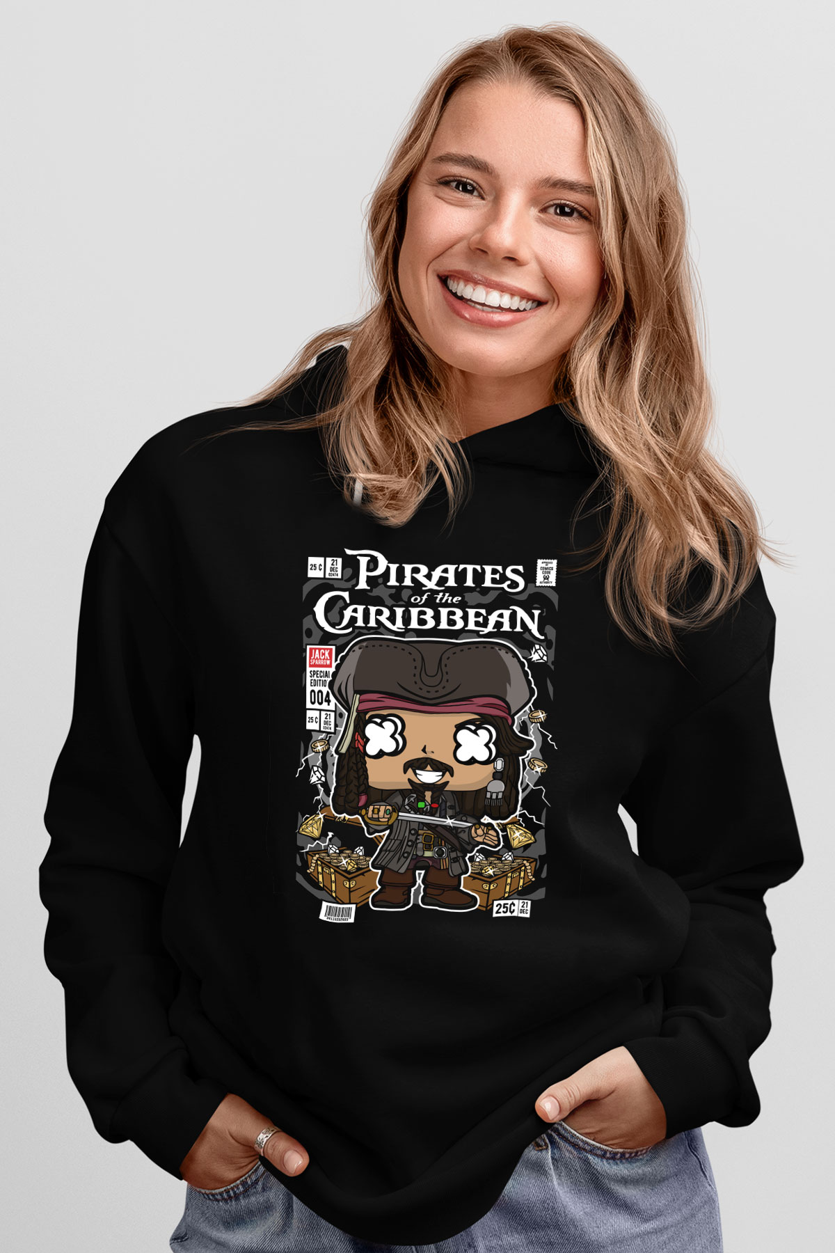 Korsan Jack Baskılı Unisex Siyah Hoodie