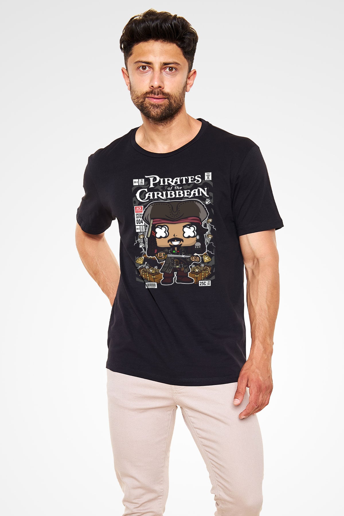 Korsan Jack Baskılı Unisex Siyah Tişört