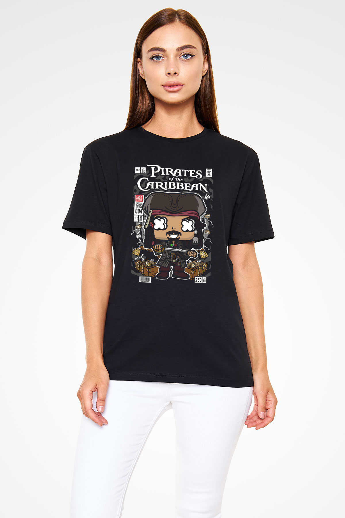 Korsan Jack Baskılı Unisex Siyah Tişört