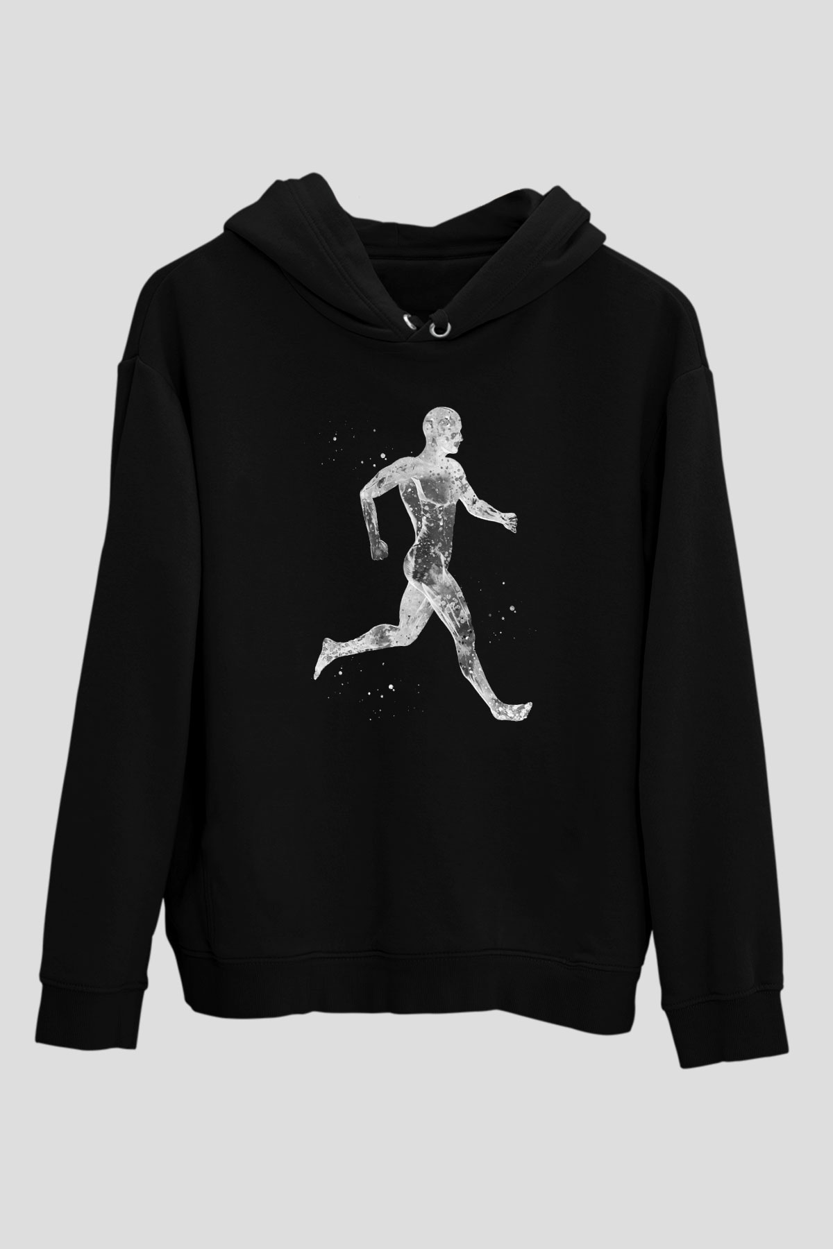 Koşan Kaslı Adam Baskılı Unisex Siyah Kapüşonlu Sweatshirt
