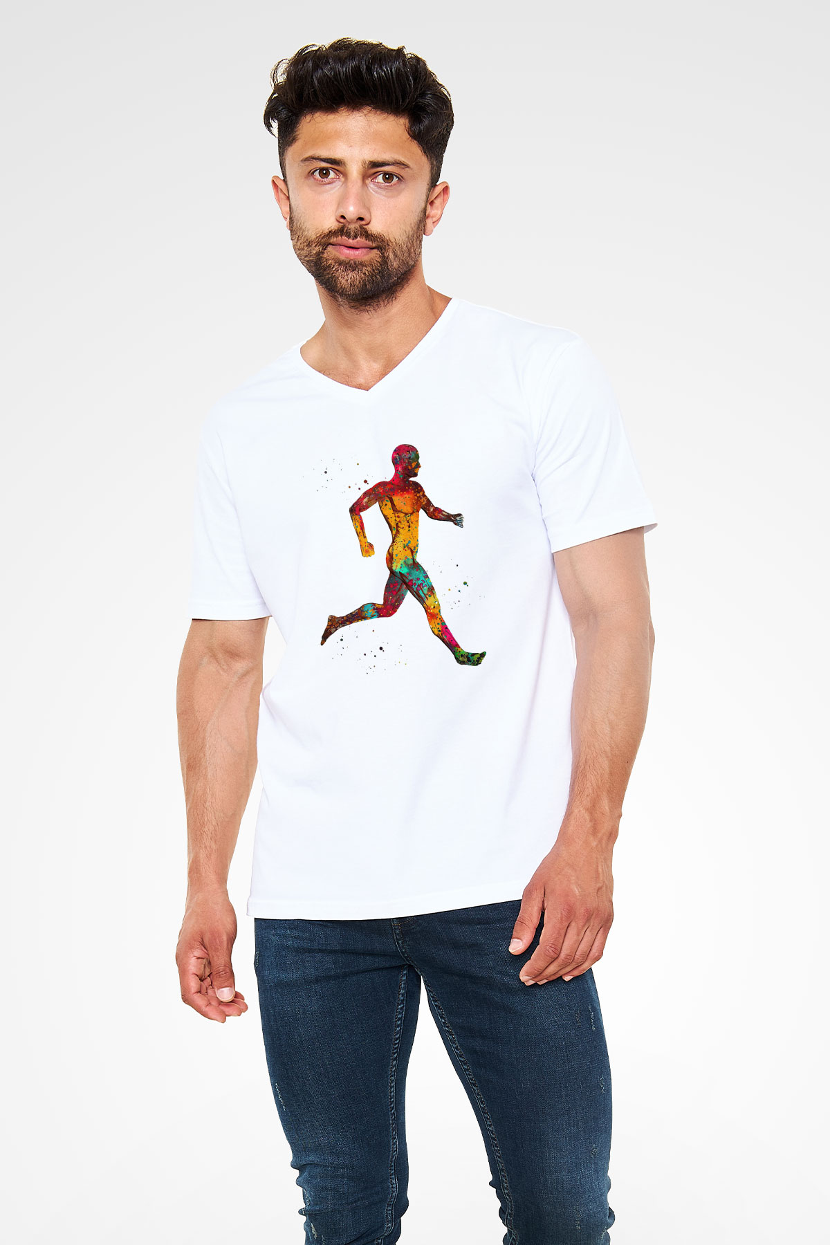 Koşan Kaslı Adam Baskılı Unisex V Yaka Beyaz Tişört - Tshirt