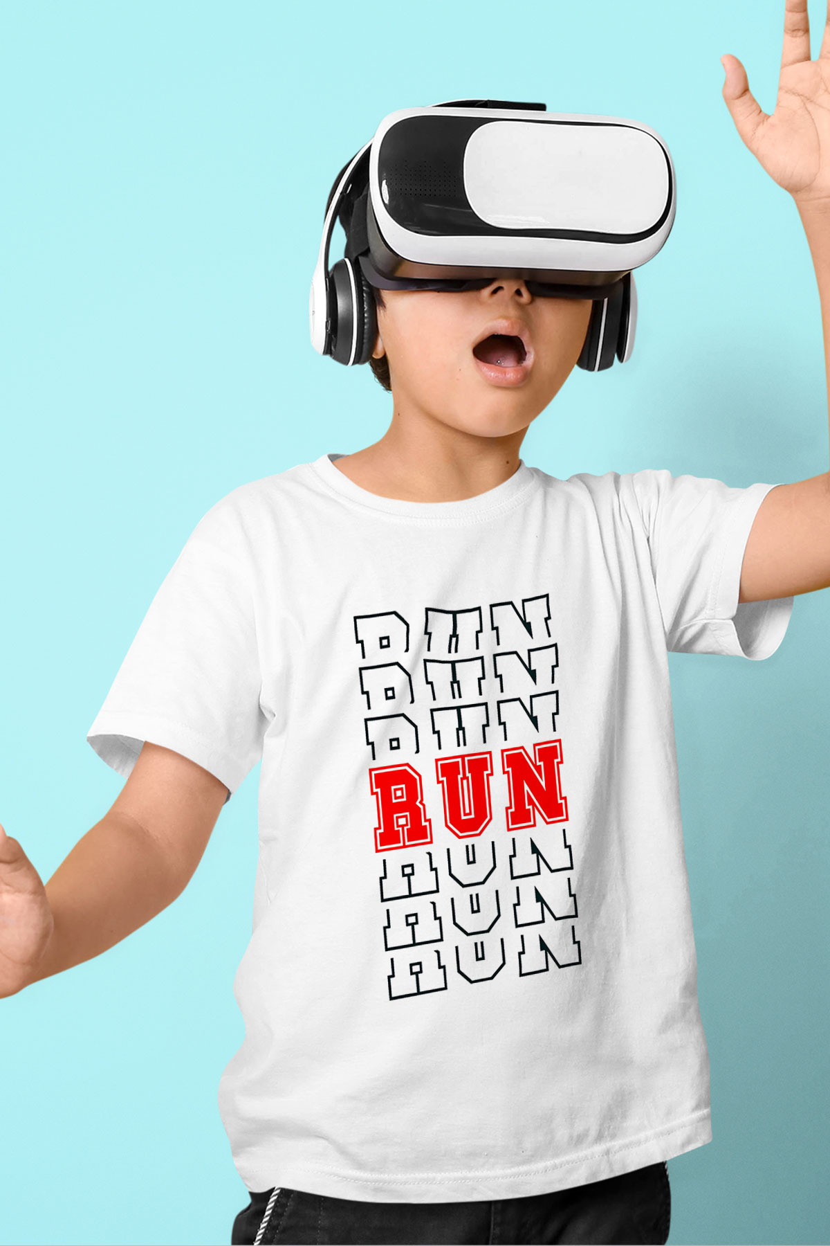 Koşu Baskılı Unisex Beyaz Çocuk Tişört - Tshirt